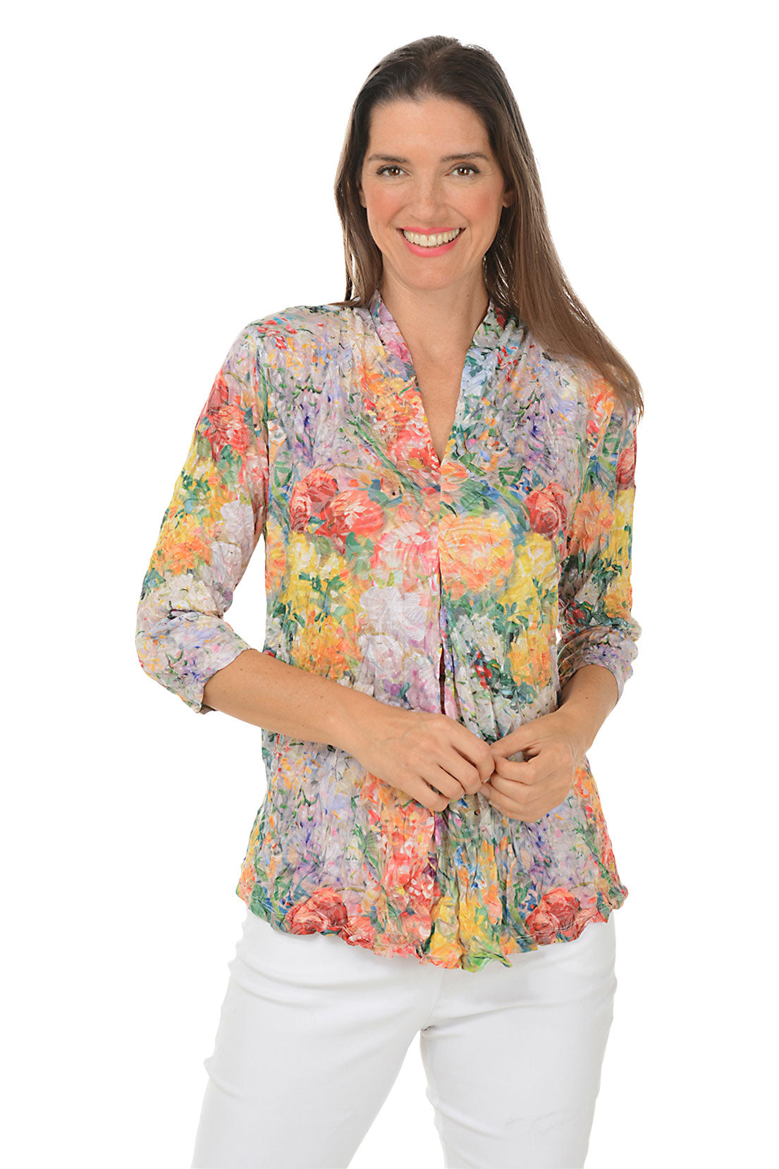 Sunset Blossoms Crinkle Pleated Front Top - Women's Floral Print Blouse for Casual Wear, Date Night & Office Outfits