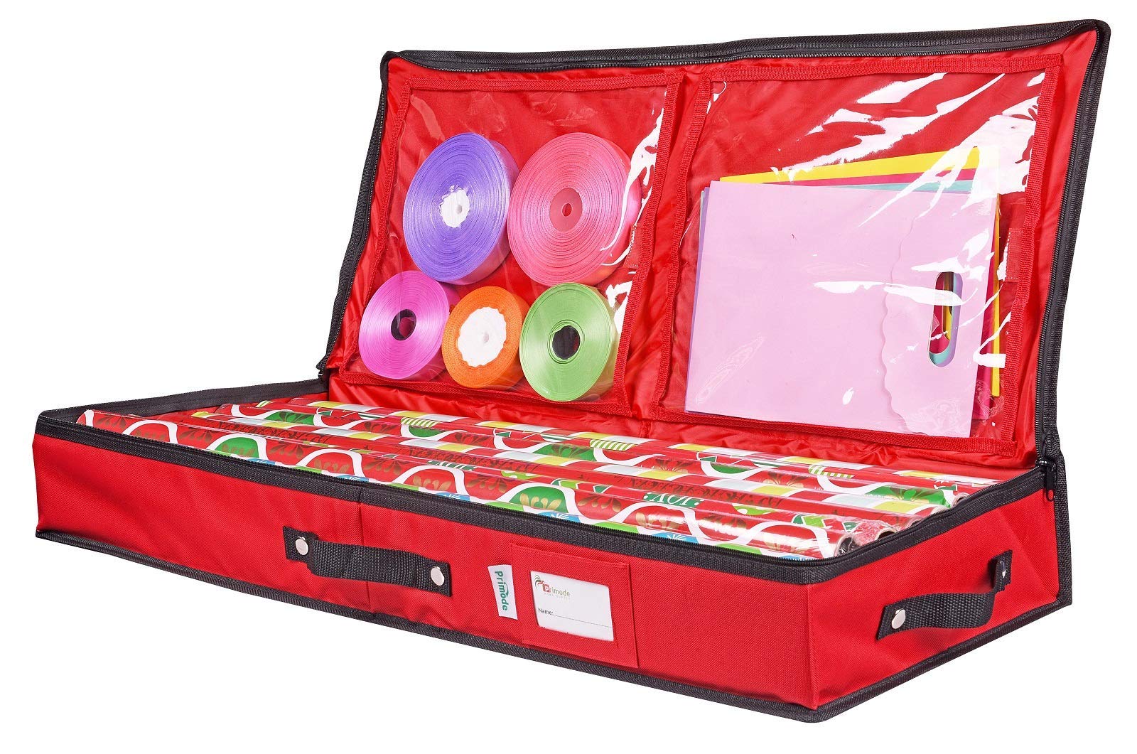 Primode Wrapping Paper Storage Container - Under Bed Gift Wrap Organizer for 30 Inch Rolls | 31”x13.5”x4.5” | 600D Oxford Fabric Storage Box with Pockets for Ribbon, Bows & Accessories (Red) | Perfect for Holiday Gift Wrapping, Birthday Parties & Craft Organization