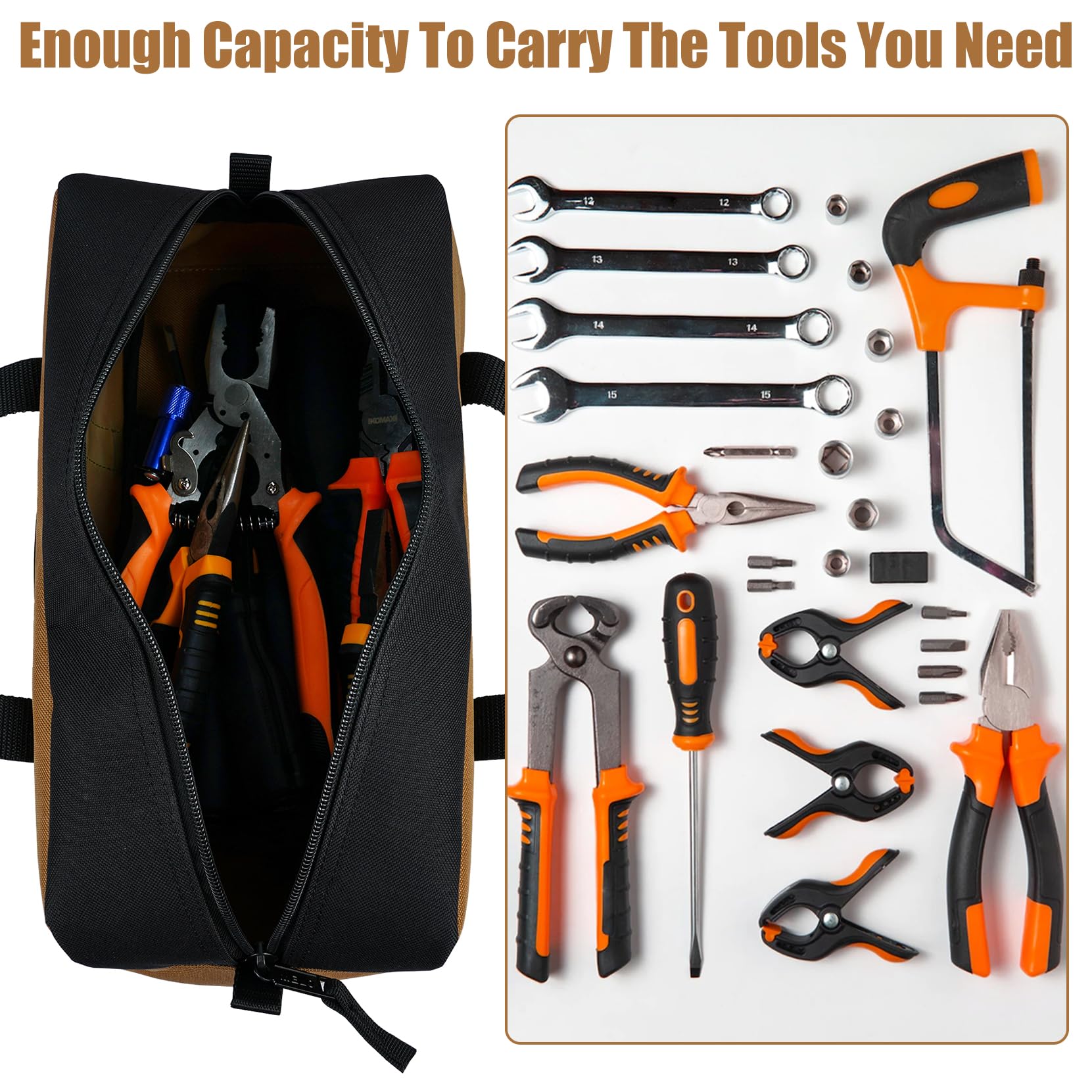 **MELOTOUGH 14 Inch Heavy Duty Canvas Tool Tote Bag with Zipper – Durable Portable Tool Organizer for Electricians, HVAC, Carpenters, Mechanics & Plumbers (Tan) – Perfect for Worksites, Home Repairs & DIY Projects**