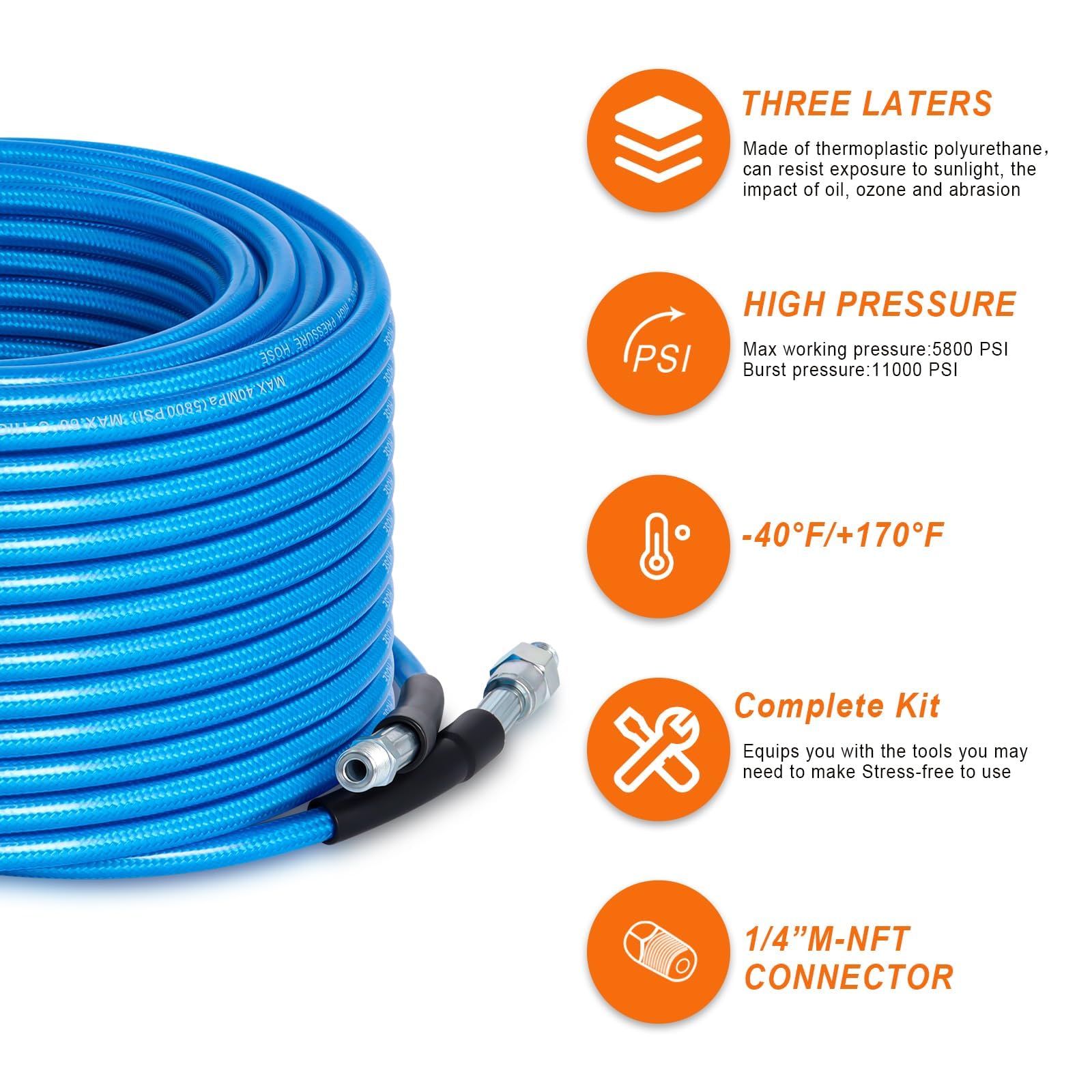 100 FT Sewer Jetter Kit for Pressure Washer - 5800PSI High-Pressure Water Drain Cleaner Hose with 1/4 Inch NPT Corner & 4 Jetting Nozzles - Includes Pearl Corsage Pin, Waterproof Tape, Handle Strap & 2 Spanners (Blue) - Perfect for Clogged Drains, Sewer Lines & Pipe Cleaning