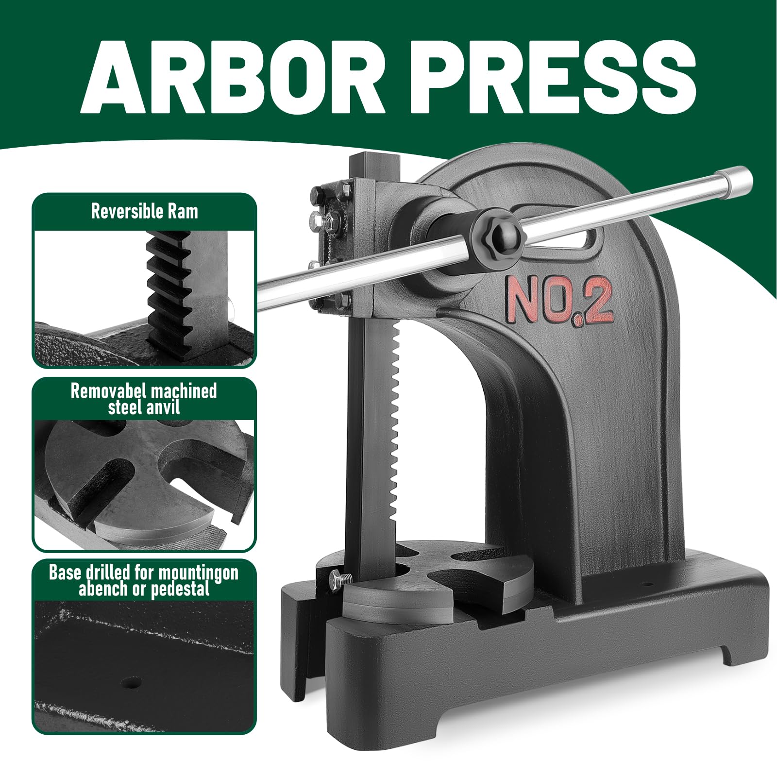 2 Ton Black Arbor Press with Ratchet Leverage & Handwheel - 8.5