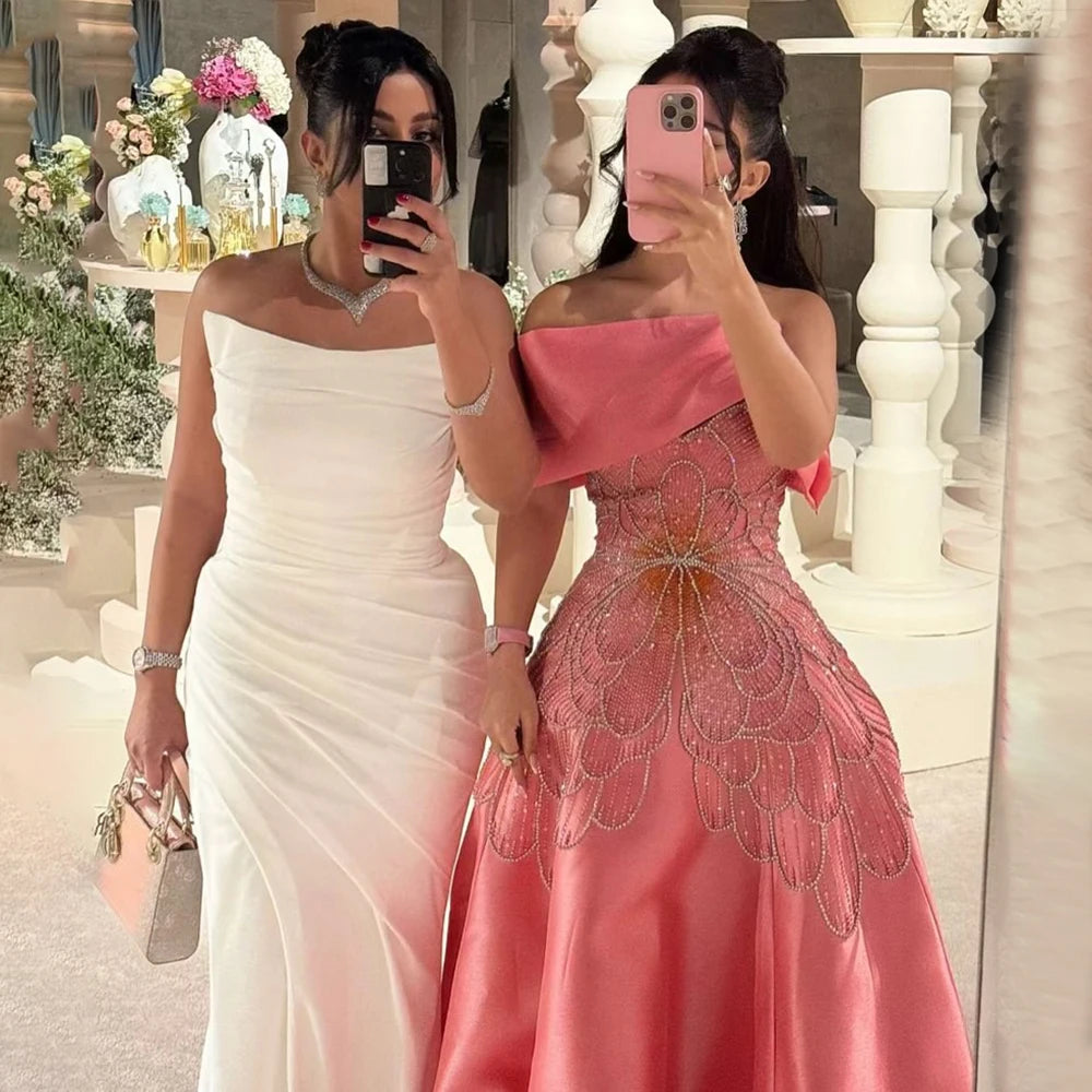 Luxury Dubai Arabic Pink A-Line Satin Beaded Saudi Evening Dress Gown for Women - Formal Occasion Wedding Party LA72195A | Elegant Islamic Abaya for Special Events & Celebrations