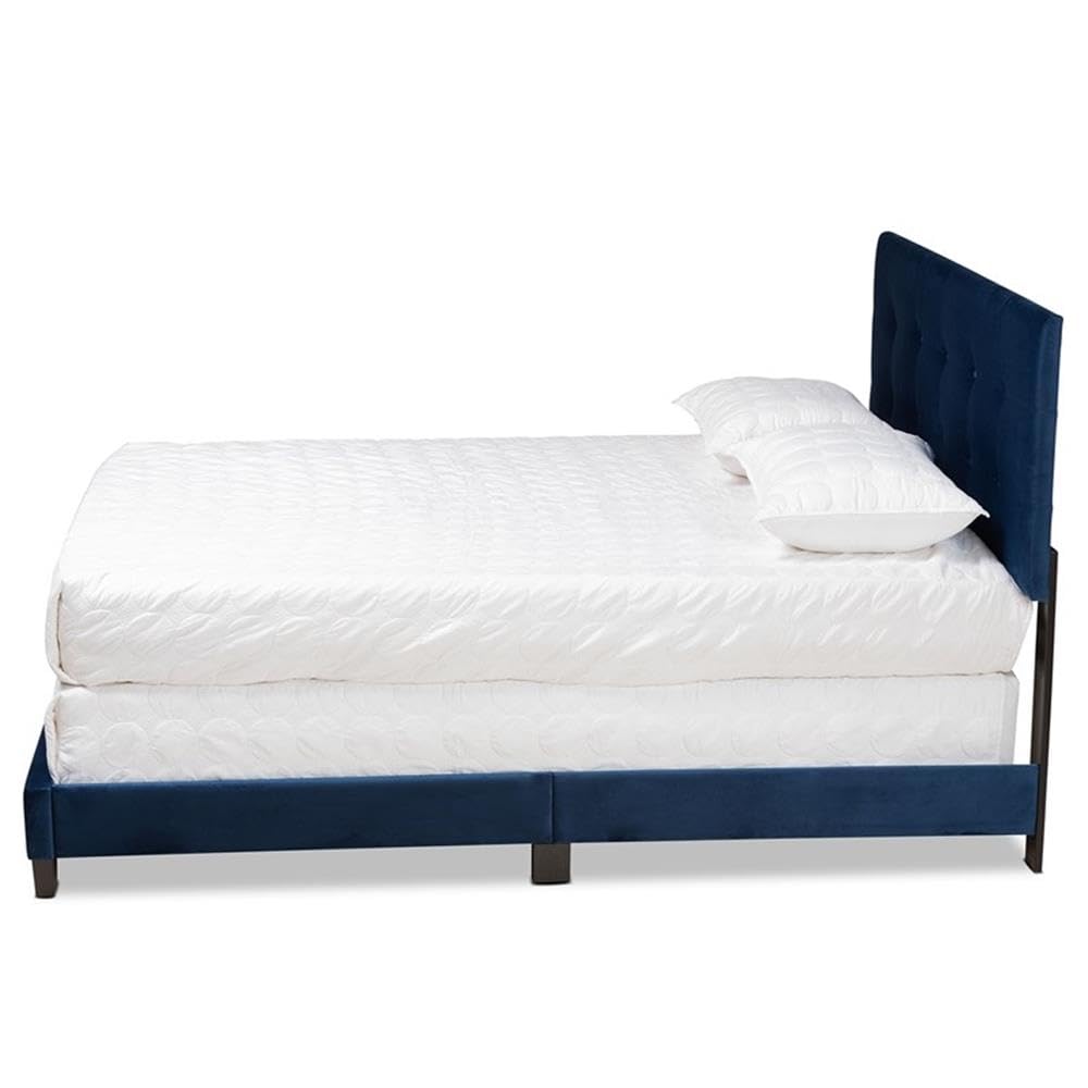 BOWERY HILL Navy Blue Upholstered Queen Size Panel Bed Frame - Luxurious Fabric Headboard for Master Bedroom, Guest Room & Apartment Decor