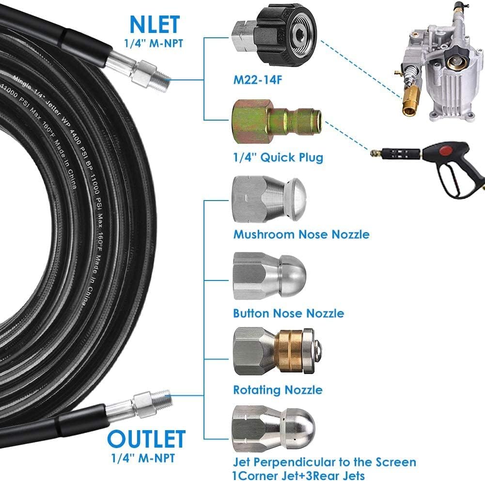 **200FT High-Pressure Sewer Jetter Kit for Pressure Washer – 5800PSI Drain Cleaner Hose with 1/4 Inch NPT Corner, Rotating & Button Nozzle – Includes Pearl Corsage Pin, Waterproof Tape & 2 Spanners – Ideal for Clogged Drains, Sewer Lines & Commercial Cleaning**