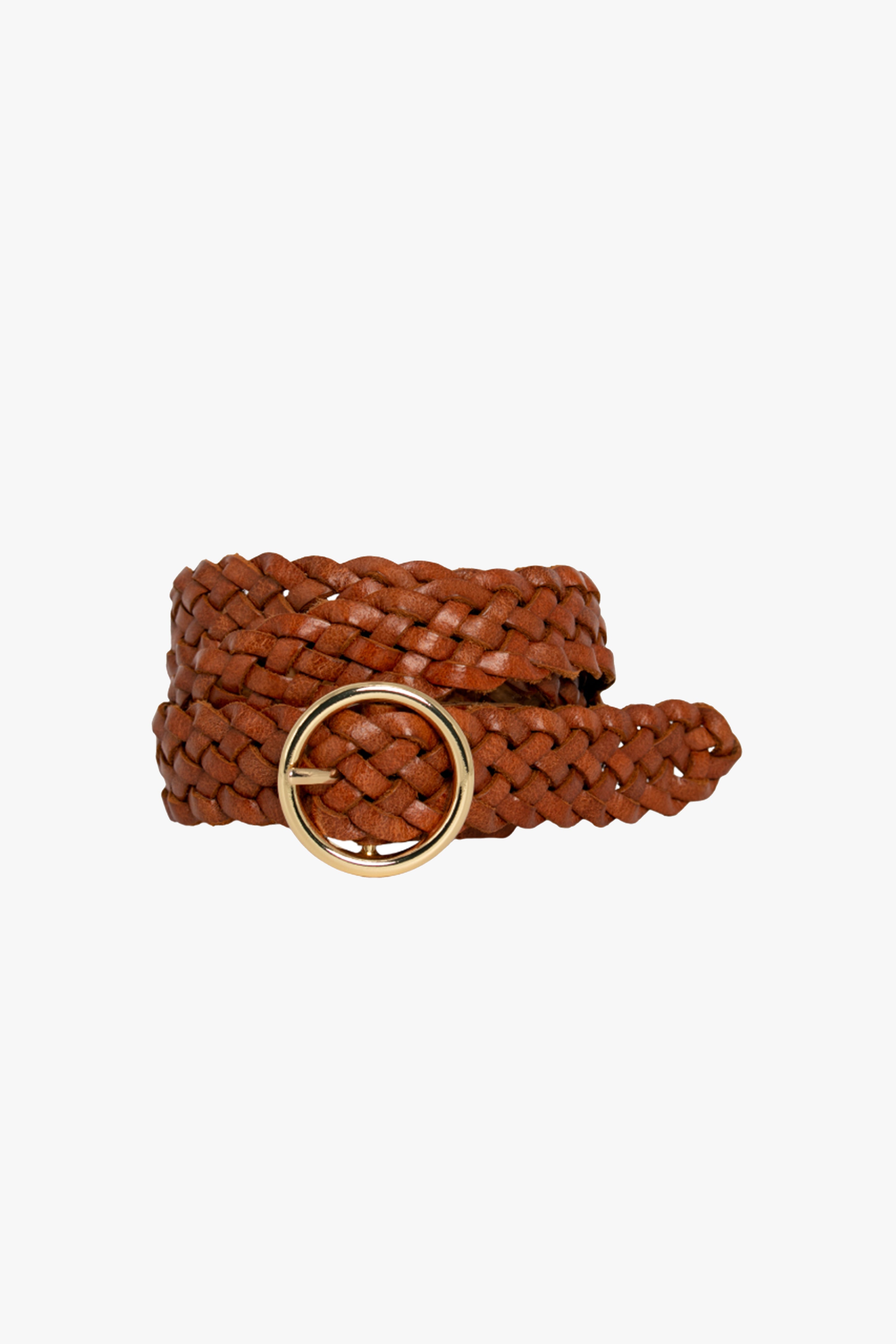 Catrina Brown Braided Leather Belt with Gold Circle Buckle - Stylish Women's Fashion Accessory for Jeans, Dresses & Office Wear