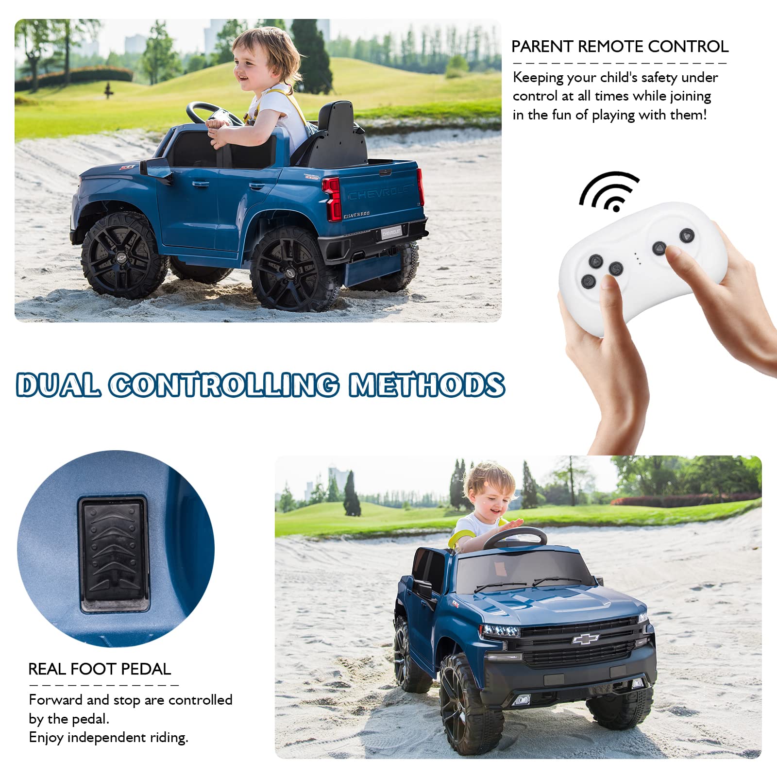 12V Licensed Chevy Silverado Kids Ride On Car - Remote Control Electric Vehicle Toy with 4-Wheeler Suspension, Music & LED Lights, 3 Speed Settings (Blue) | Perfect for Outdoor Play, Birthday Gifts & Family Fun Activities