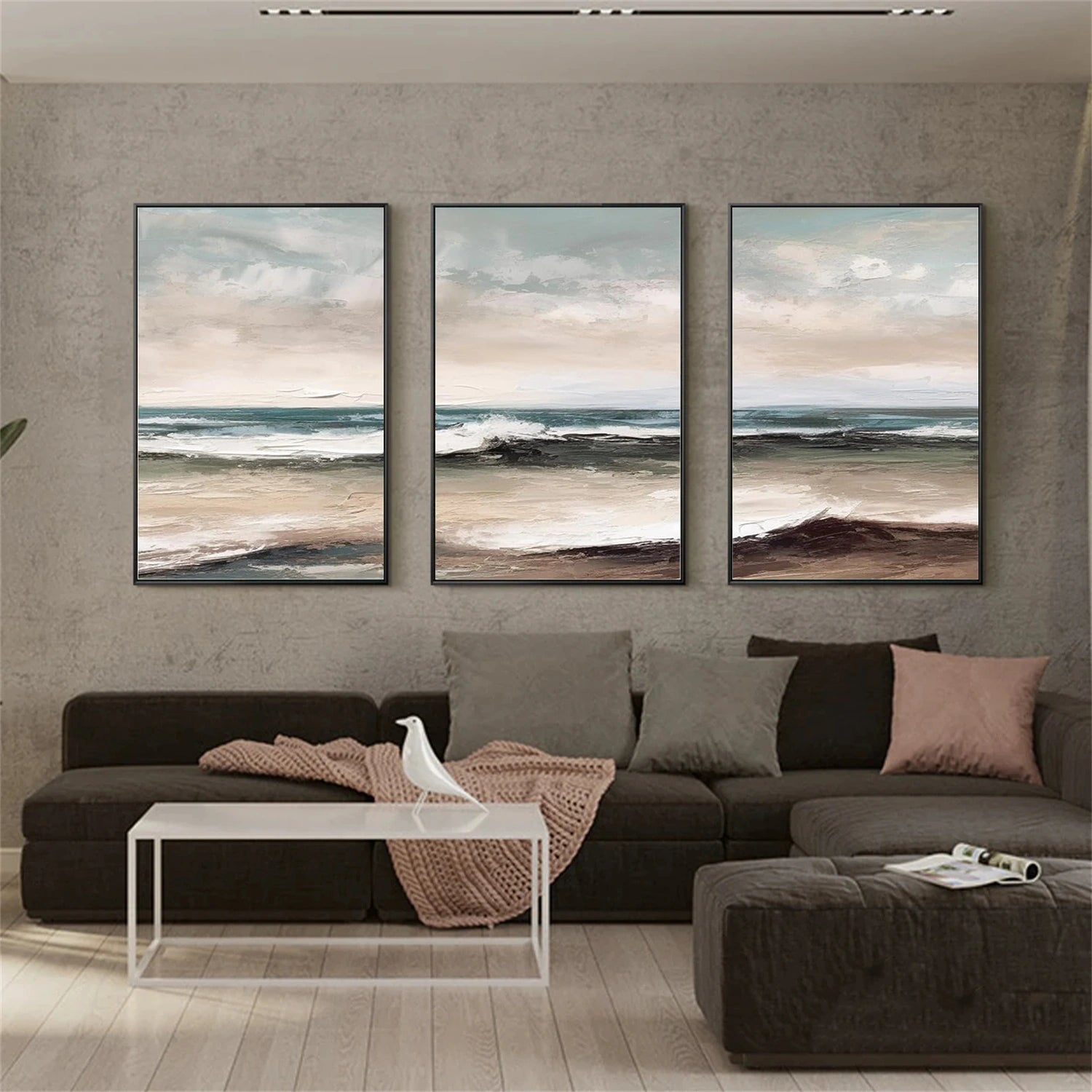 Ocean and Sky Wall Art Set of 3 - Modern Coastal Paintings for Living Room, Bedroom & Office Decor - Blue Seascape Canvas Prints (OS 259)