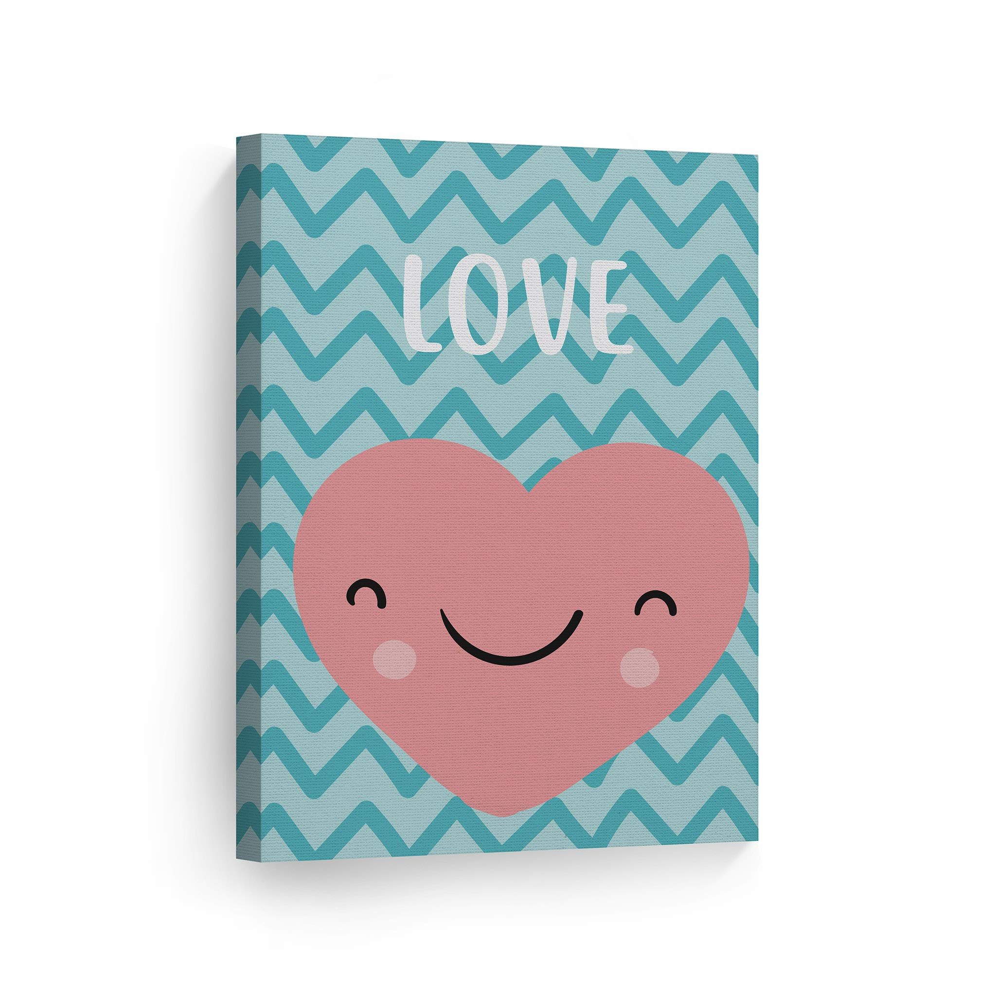 Smile Art Design Lovely Heart Love Lettering Blue Background Canvas Print - Nursery Wall Art for Baby & Kids Room Decor - Ready to Hang 22x15 Inches - Made in USA - Perfect for Bedroom, Playroom & Gift Giving