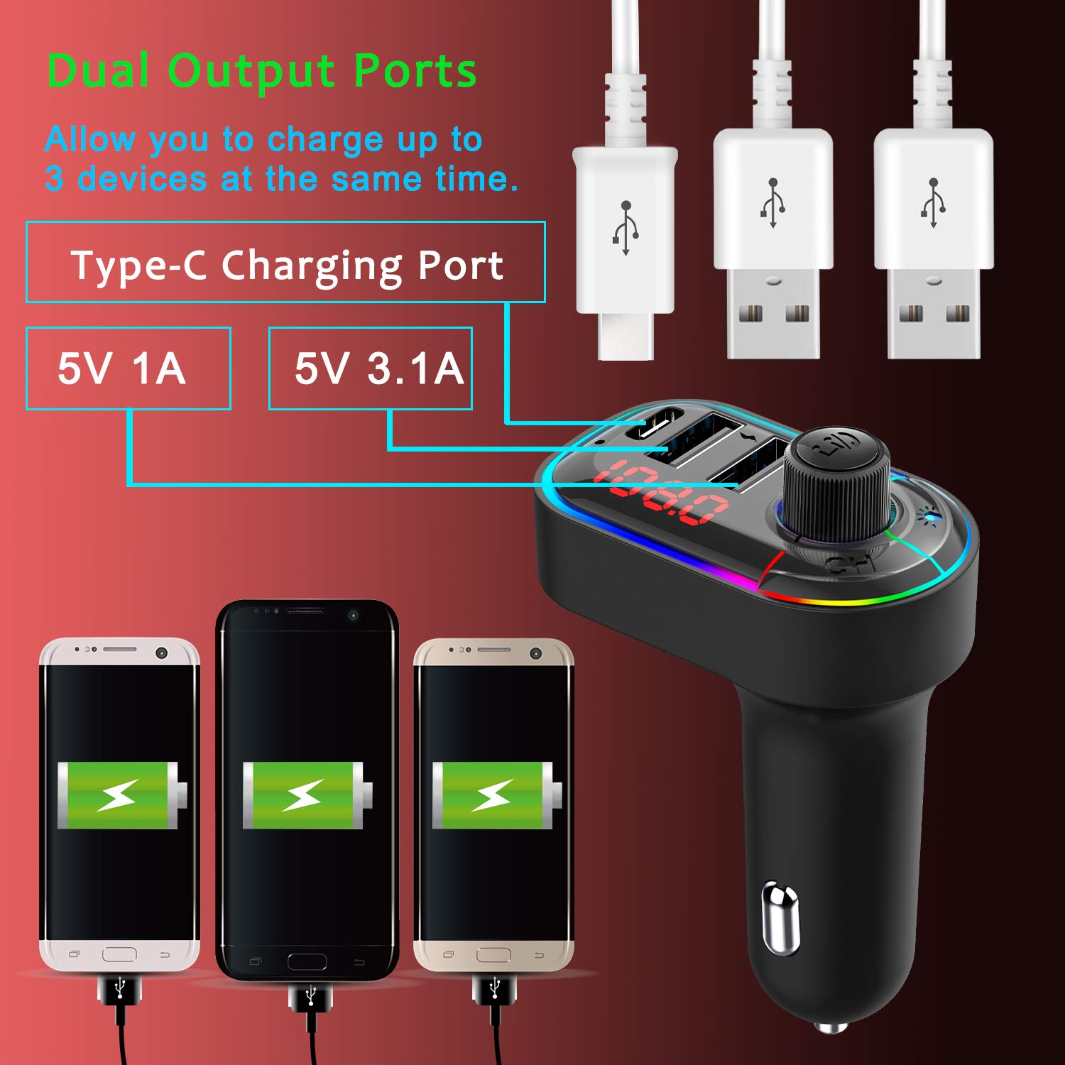 Eessley Bluetooth 5.0 FM Transmitter for Car - Wireless Car Adapter with Hands-Free Calling, MP3 Player, USB-C & Dual USB Ports - Perfect for Music Streaming & Phone Charging on Road Trips