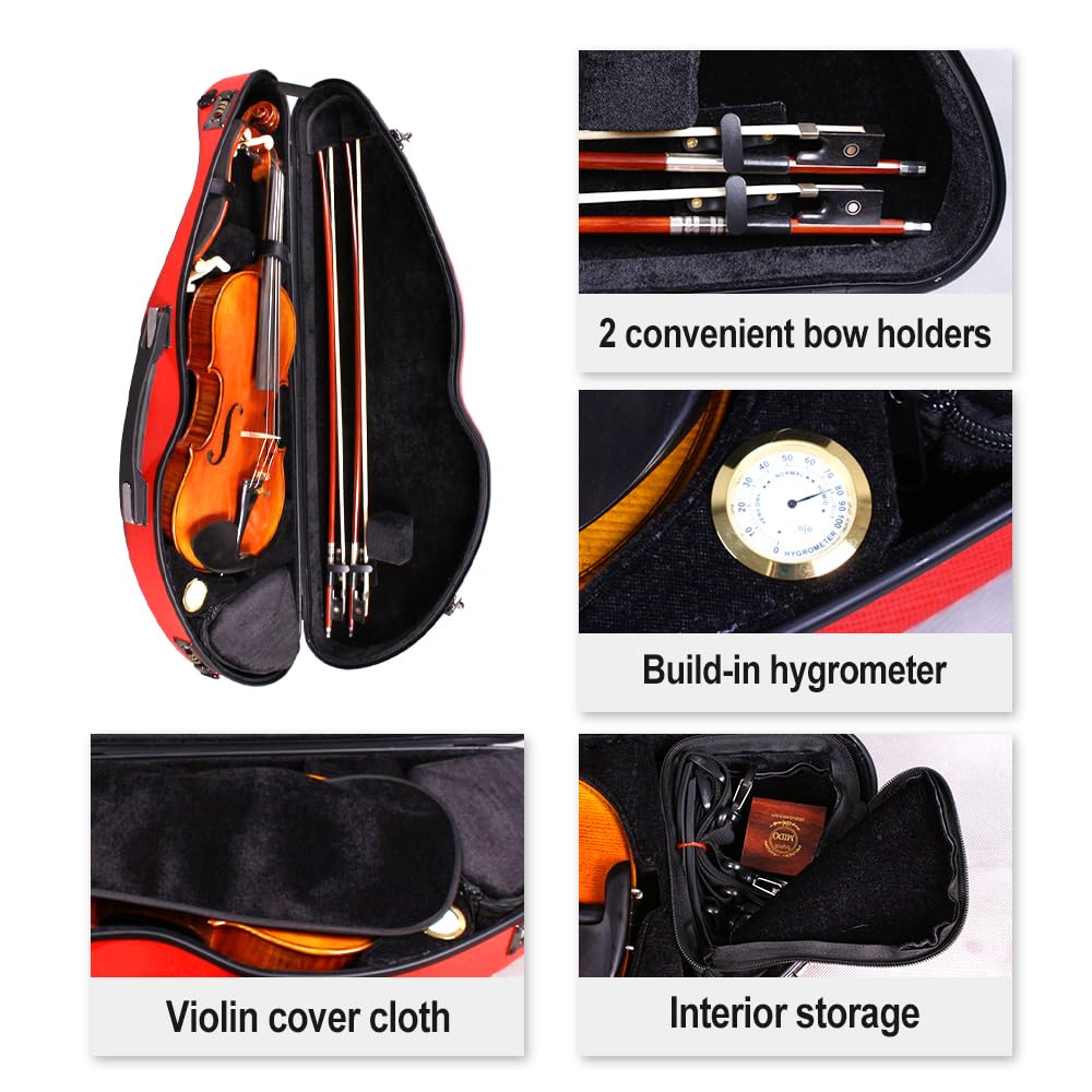 Yinfente 4/4 Full Size Carbon Fiber Violin Case - Lightweight 1.9kg Half Round Shape with Shoulder Strap, Combination Lock & Accessories Bag (Red) - Perfect for Professional Musicians, Students & Travel Protection