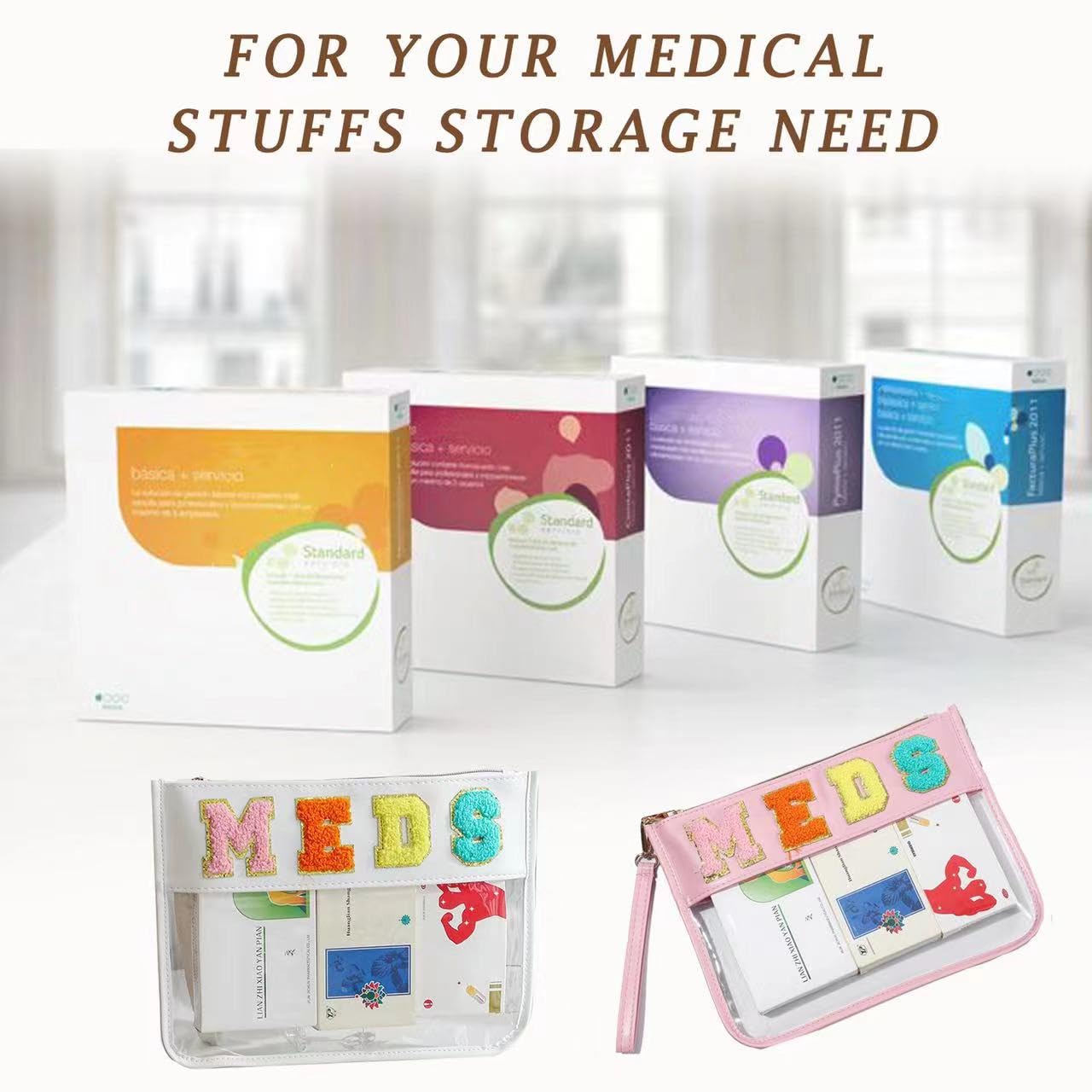 Personalized Clear Medicine Chenille Letter Makeup Bag - Waterproof PU Leather Zipper Pouch for First Aid, Travel & Cosmetics Organization - Transparent Medication Storage (Pink) - Perfect for Travel, Gym, Daily Essentials & Emergency Kits