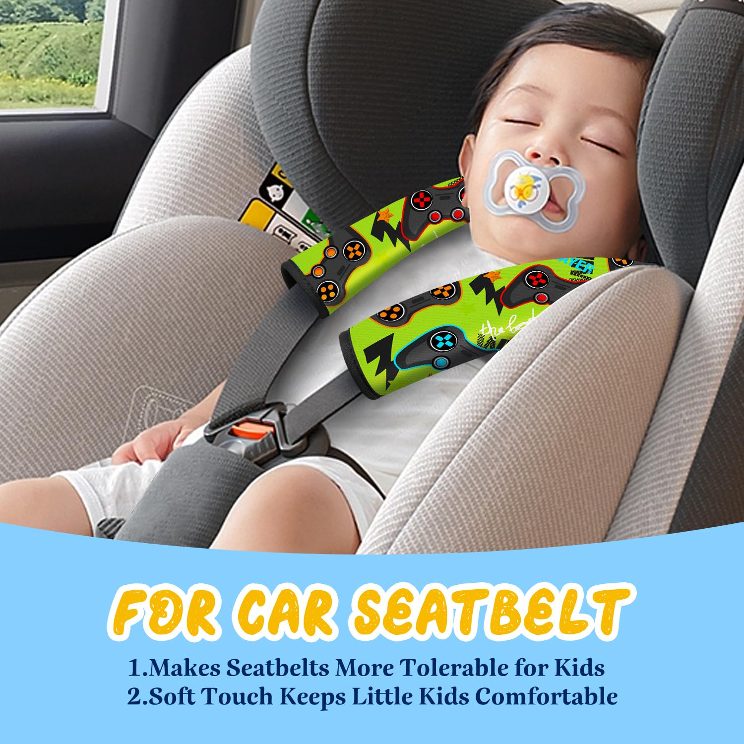Akkya 2 Pack Soft Car Seat Belt Covers for Kids - Comfortable Seatbelt Cushion Pads for Car, Stroller & Shoulder Strap Protection (Green) - Perfect for Long Road Trips & Daily Commutes with Children