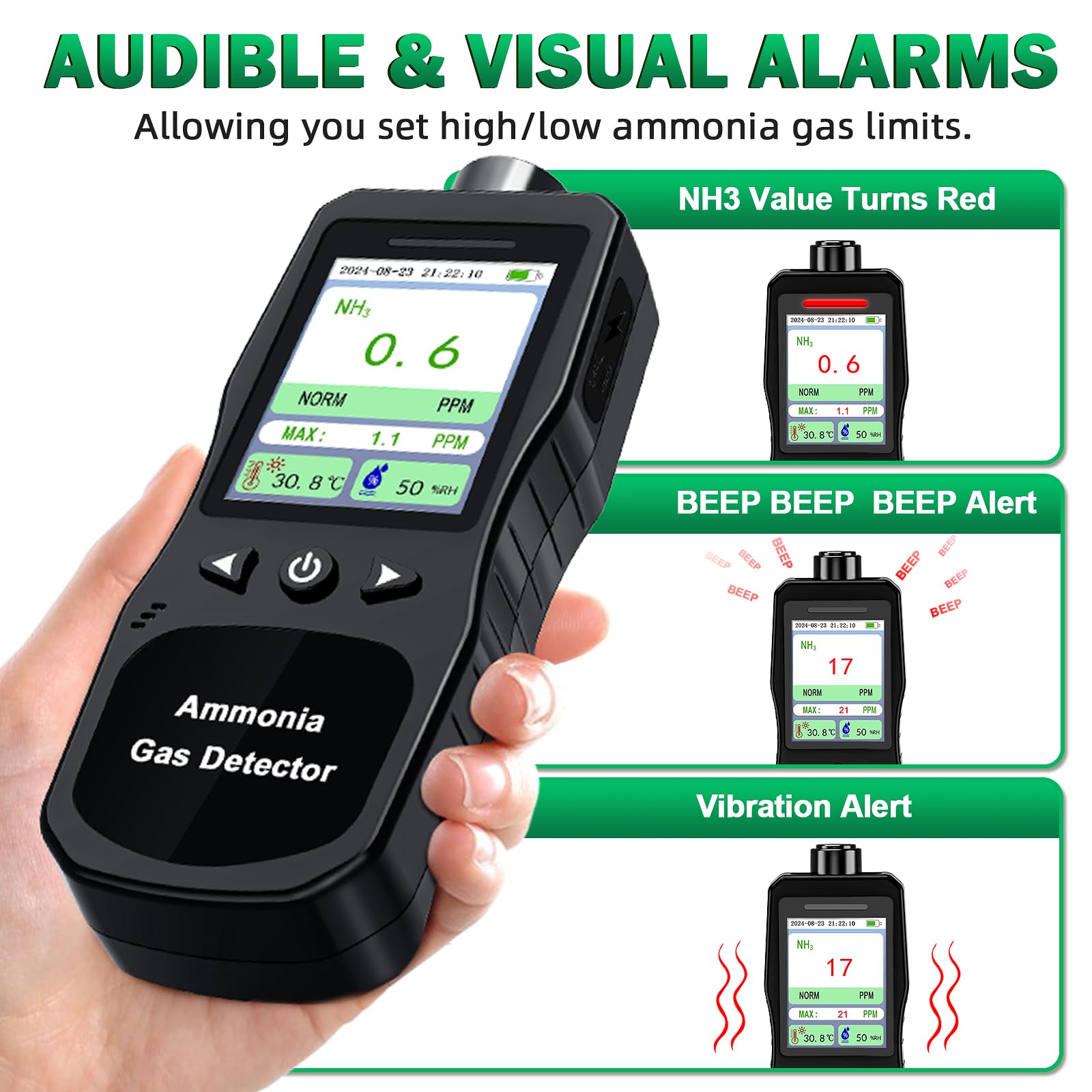 Portable Ammonia Gas Detector 0-200 PPM - Rechargeable Digital NH3 Gas Monitor with Temperature & Humidity Sensor - Ideal for Farms, Poultry Houses, Pig Stables & Livestock Barns - Indoor Air Quality Tester for Agriculture & Animal Husbandry