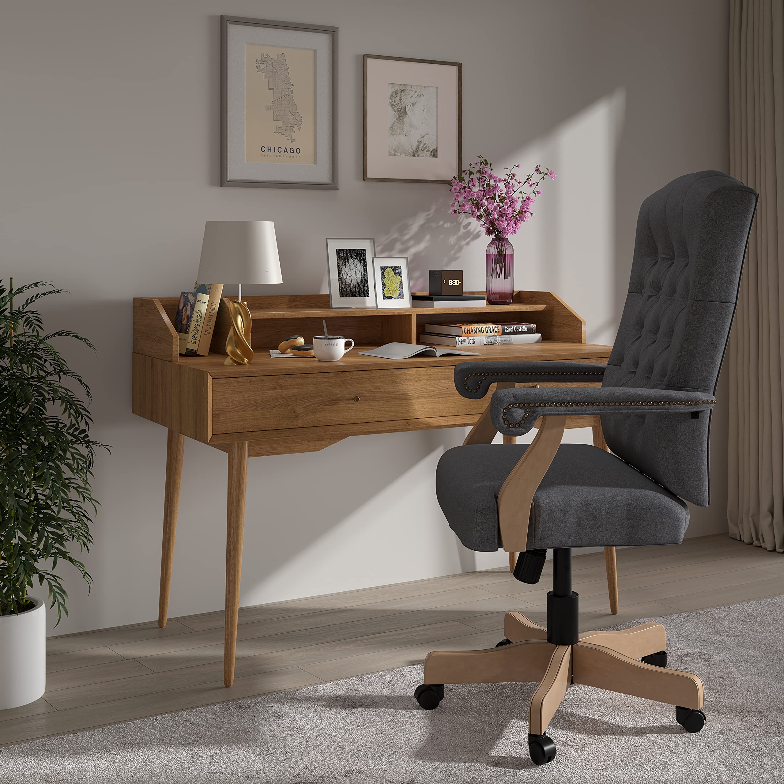 Ergonomic Gray Fabric Tufted Swivel Office Chair with Driftwood Base - Comfortable Traditional Desk Chair for Home Office, Study & Workspace - Adjustable Height & 360° Rotation for Productivity