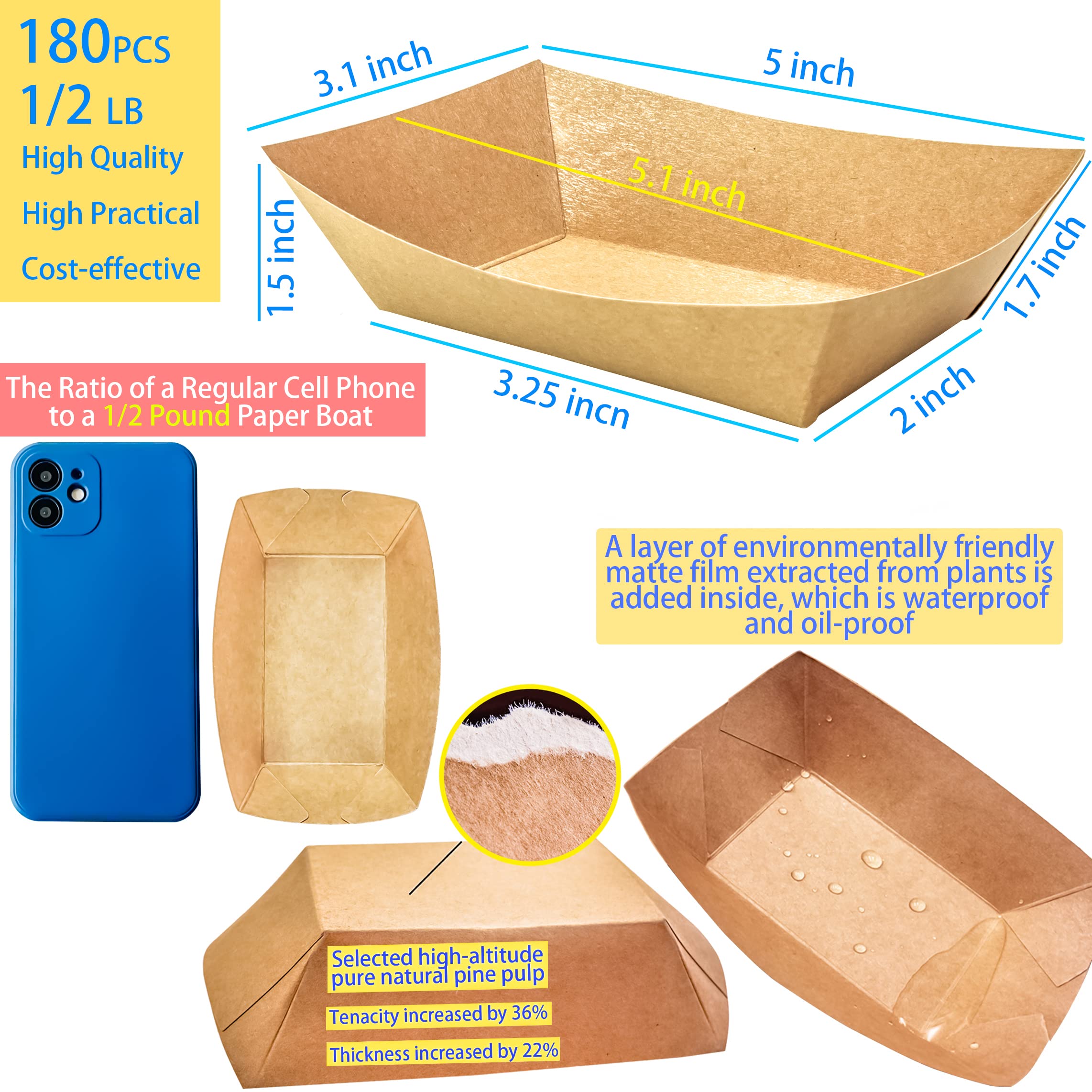 MotBach 180 Pack 1/2 lb Disposable Kraft Food Paper Trays - Small Eco-Friendly Paper Takeout Containers, Mini Serving Boats for Party Snacks, French Fries, Nachos, Tacos & BBQ - Perfect for Catering, Picnics & Food Trucks (Brown)