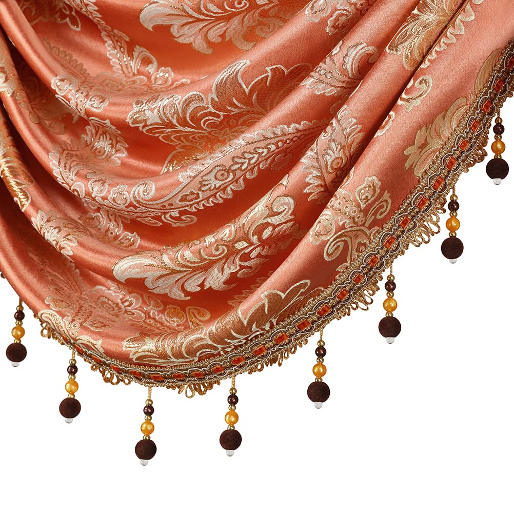 ELKCA Jacquard Waterfall Valance - Damask Coffee Kitchen & Living Room Curtain Valance - 1 Panel (98 Inch Wide) - Perfect for Windows, French Doors & Home Decor