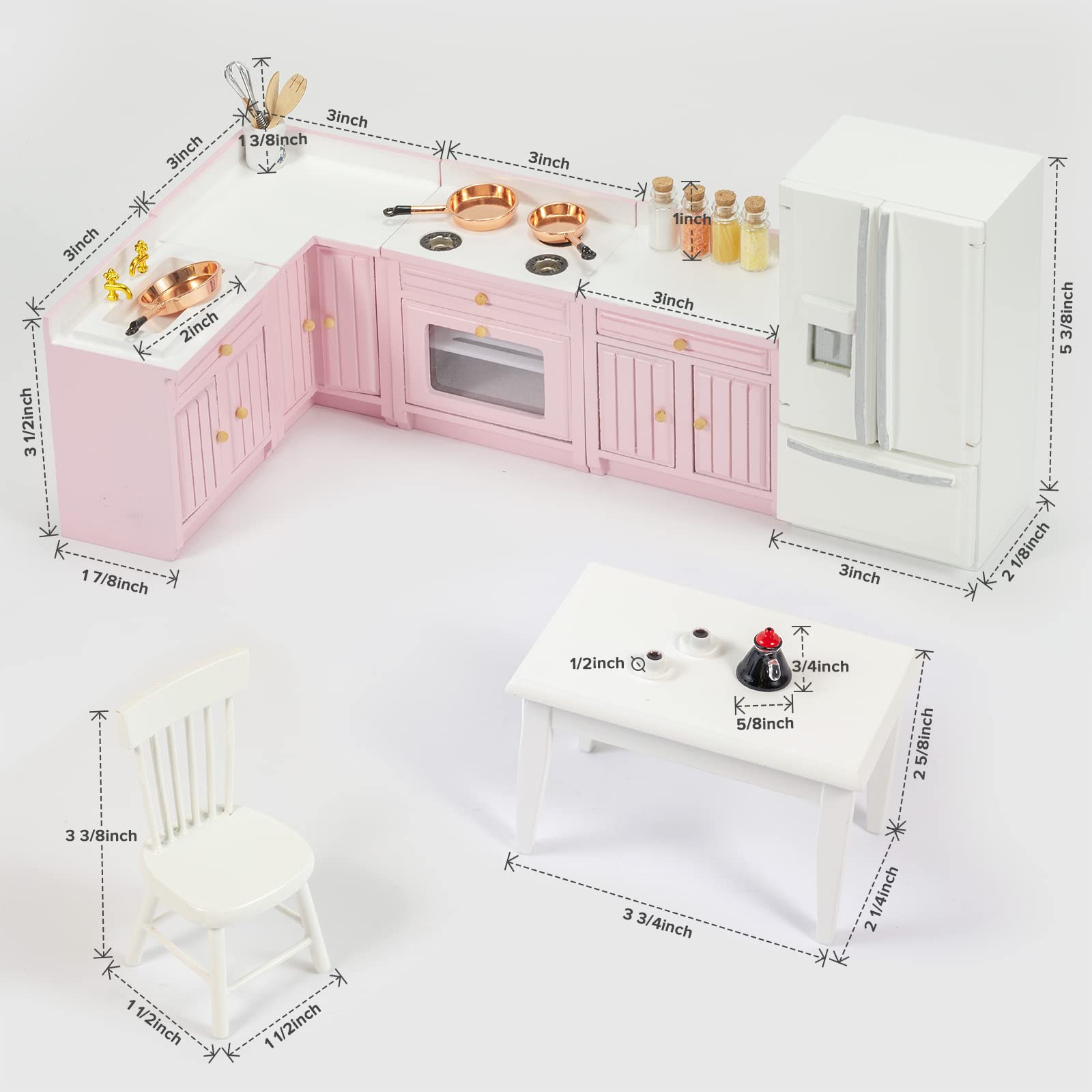 1:12 Scale Pink Wooden Dollhouse Furniture Set - Miniature Kitchen Cabinets, Dining Table, Refrigerator & Accessories for Doll House Toys | Perfect for Kids' Pretend Play, Room Decor & Collectors