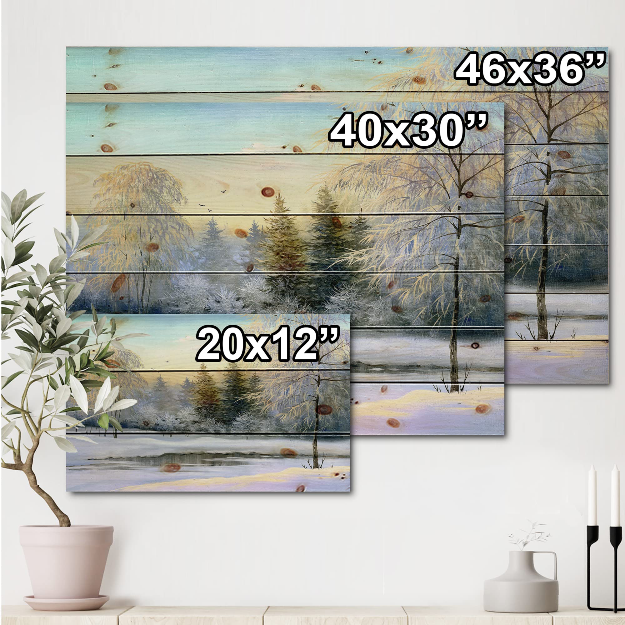 DesignQ Green Trees in Winter Landscape - Traditional Wood Wall Art Decor, Large White Pine Wood Wall Panels with Printed Scenery - Perfect for Living Room, Bedroom & Office Decoration