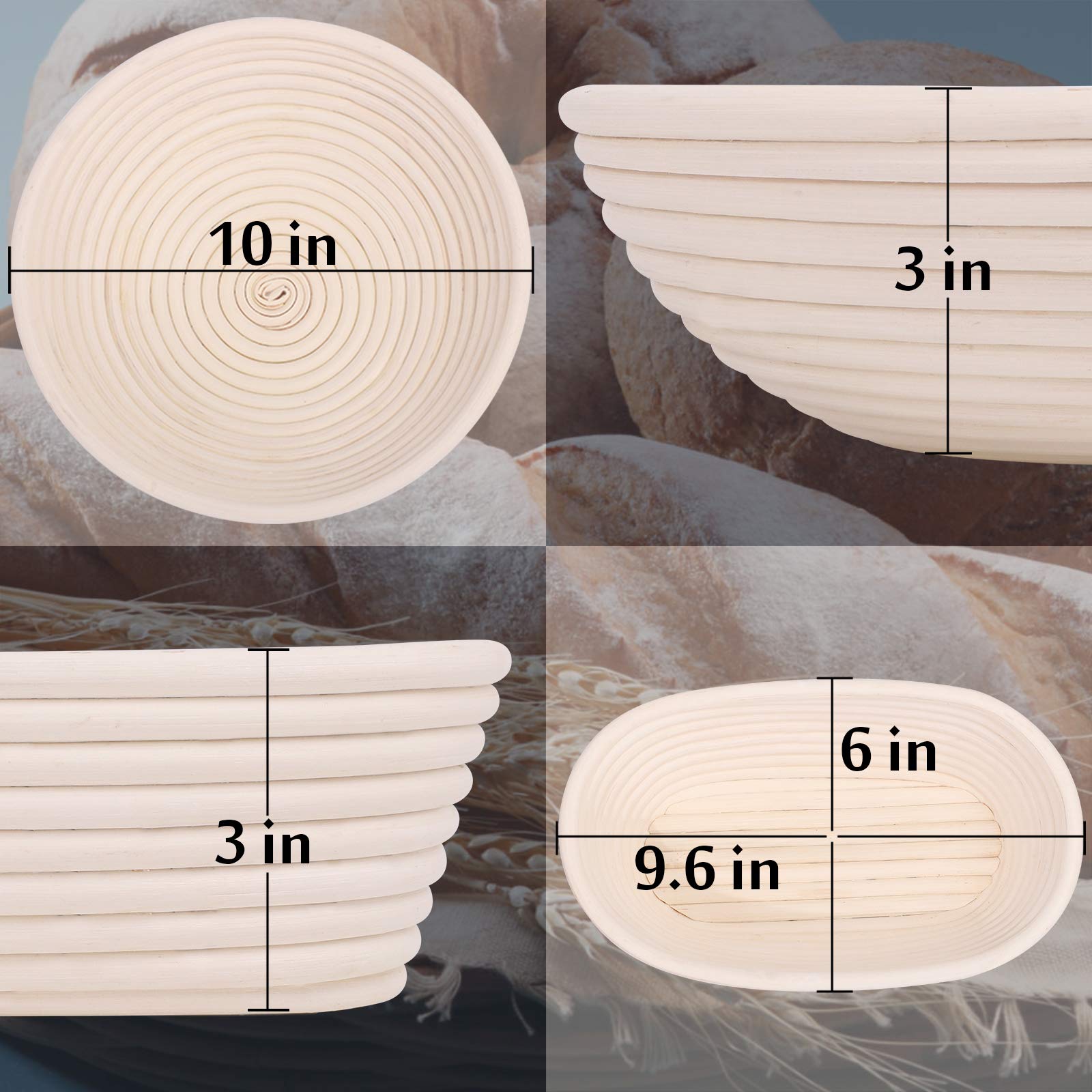 9.6 Inch Oval & 10 Inch Round Natural Rattan Bread Proofing Basket Set with Lame, Dough Scraper & Linen Liner - Professional & Home Baking Tools for Sourdough, Artisan Bread Making (Perfect for Kitchen, Bakery & Bread Making Enthusiasts)