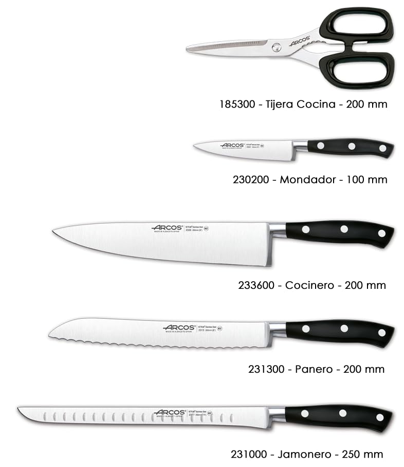 **ARCOS 5-Piece Professional Knife Set - Nitrum Stainless Steel Blades, Ergonomic POM Handle - Perfect for Chefs & Home Cooking - Black Riviera Series**    *(Ideal for slicing, dicing, chopping meats, vegetables, and fruits in professional kitchens or home use)*