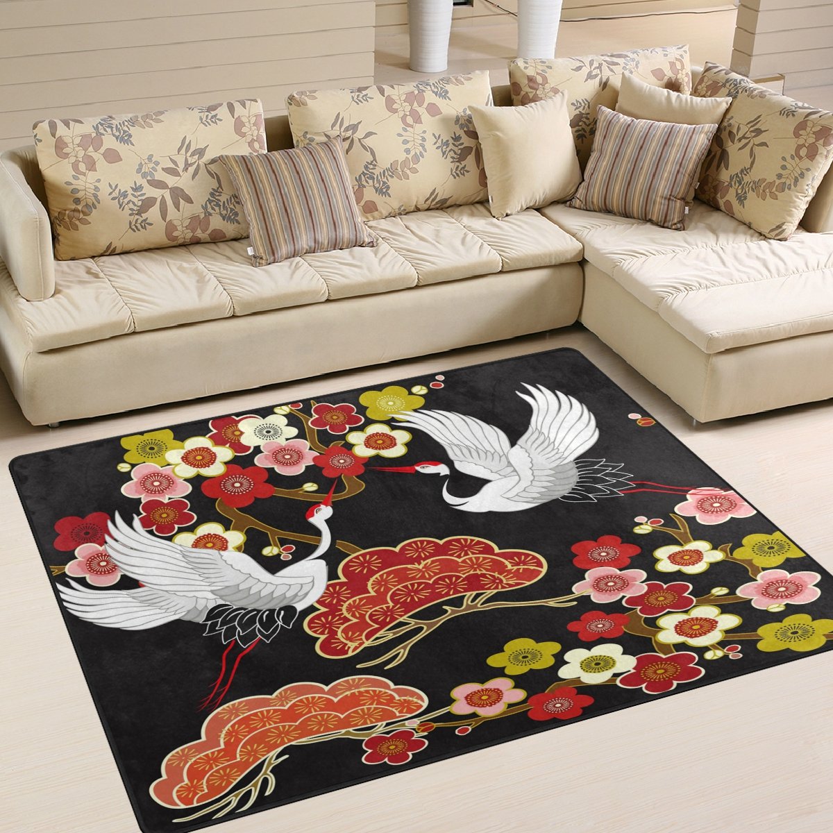 ALAZA Japanese Floral Crane Bird Area Rug - 5'3