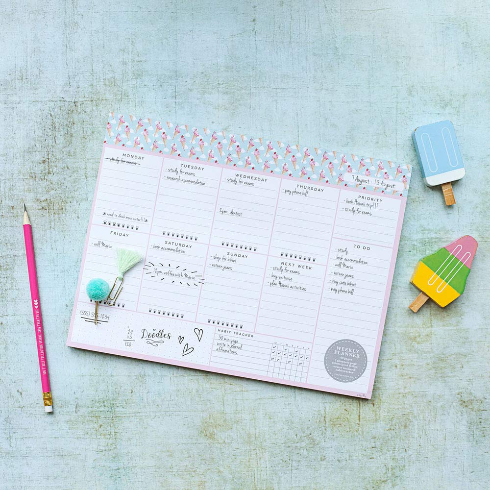 Undated Weekly Desk Planner Pad - 52 Pages To-Do List & Habit Tracker Notepad | Tear-Off Weekly Organizer for Office, School & Home (Ice Cream Design) - Perfect for Productivity, Goal Setting & Time Management