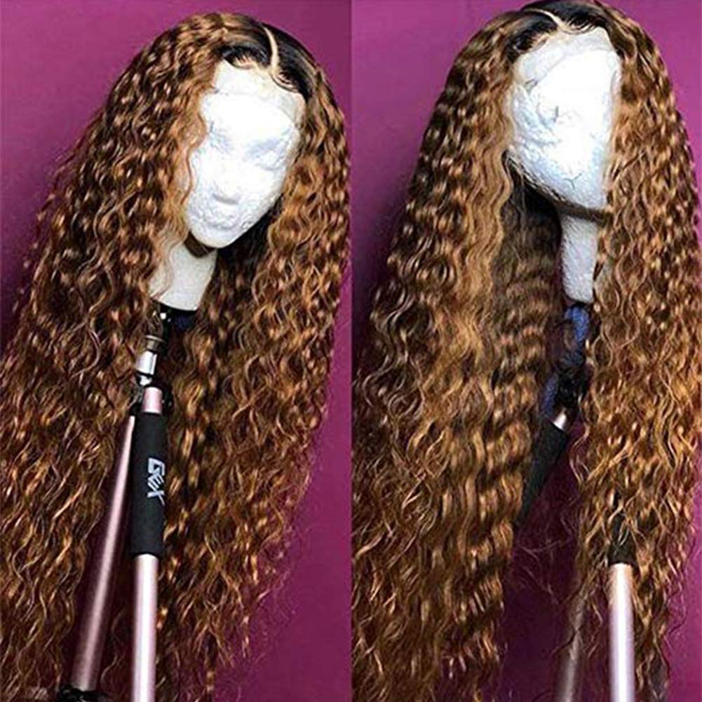 Ombre Blonde Curly Lace Front Human Hair Wigs for Black Women - 130% Density Brazilian Remy Full Lace Wig with Pre Plucked Hairline - Natural Looking African American Wigs (18 Inch) for Daily Wear, Parties & Special Occasions
