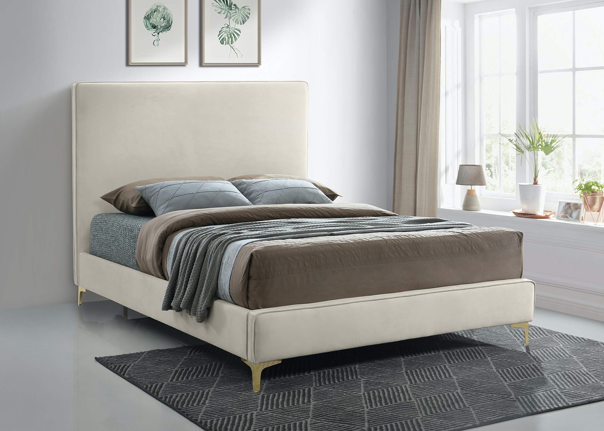 Modern Velvet Upholstered Bed with Gold/Chrome Headboard - Full Size Cream Bed Frame for Master Bedroom | Meridian Furniture Geri Collection