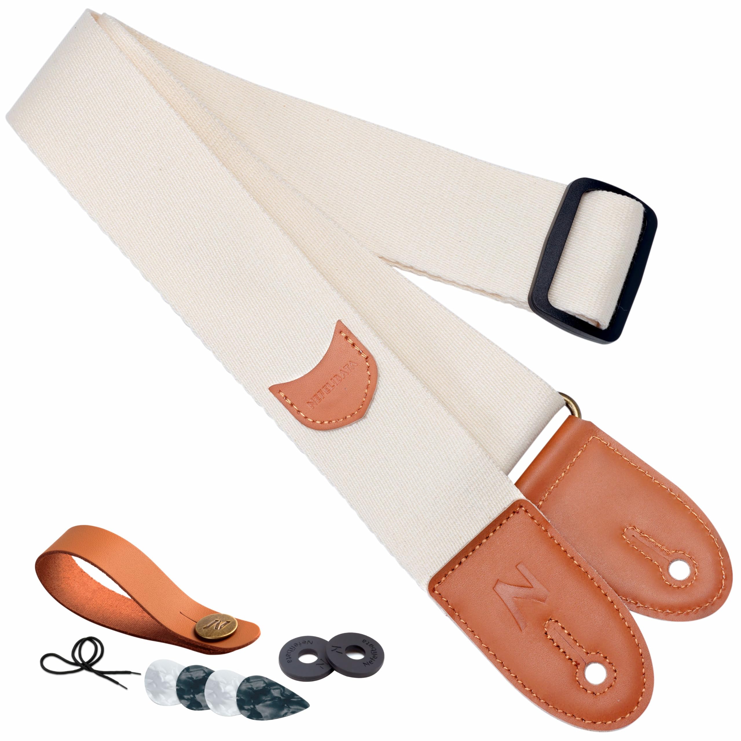 Premium Nefelibata Guitar Strap - 100% Cotton with Full Grain Leather Ends, Includes Pick Pocket, Free Strap Button, 1 Pair Strap Locks & 4 Guitar Picks - Compatible with Bass, Electric & Acoustic Guitars (Cream) - Perfect for Live Performances, Studio Sessions & Casual Playing