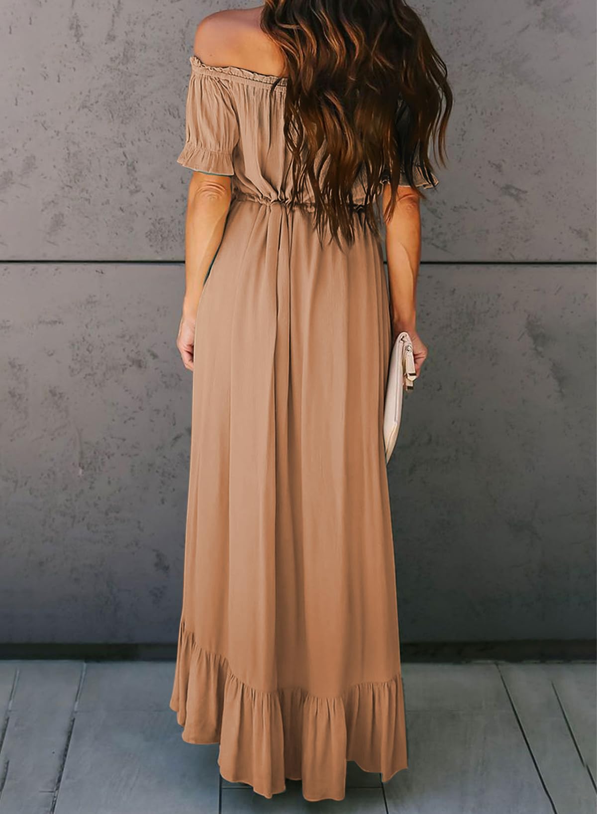 Dokotoo Women's 2025 Off-Shoulder Casual Short Sleeve High-Low Maxi Dress - Solid Color Cocktail Skater Dress for Summer Beach, Party & Vacation
