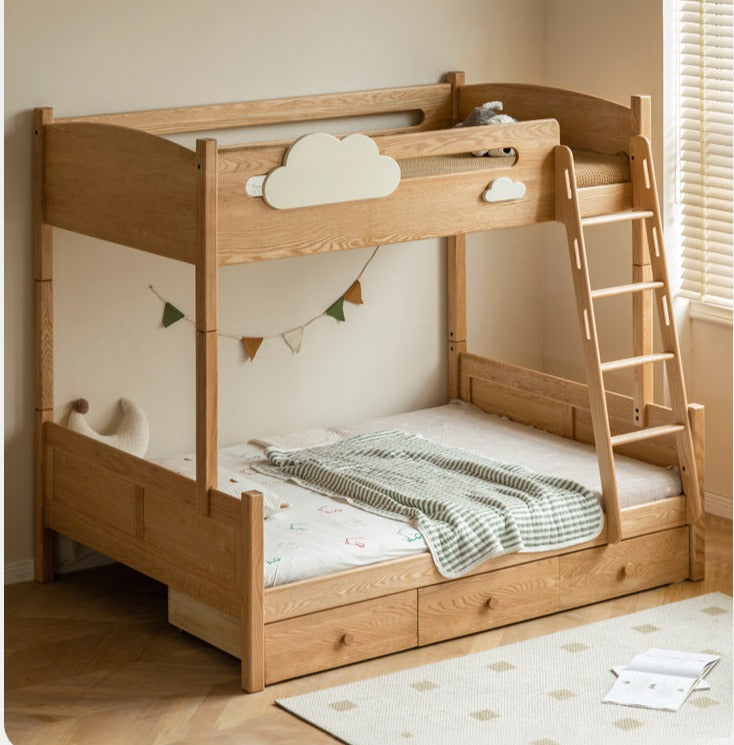 Solid Oak Wood Multi-Functional Bunk Bed with Ladder & Guardrails - Space-Saving Kids Bedroom Furniture for Siblings or Sleepovers