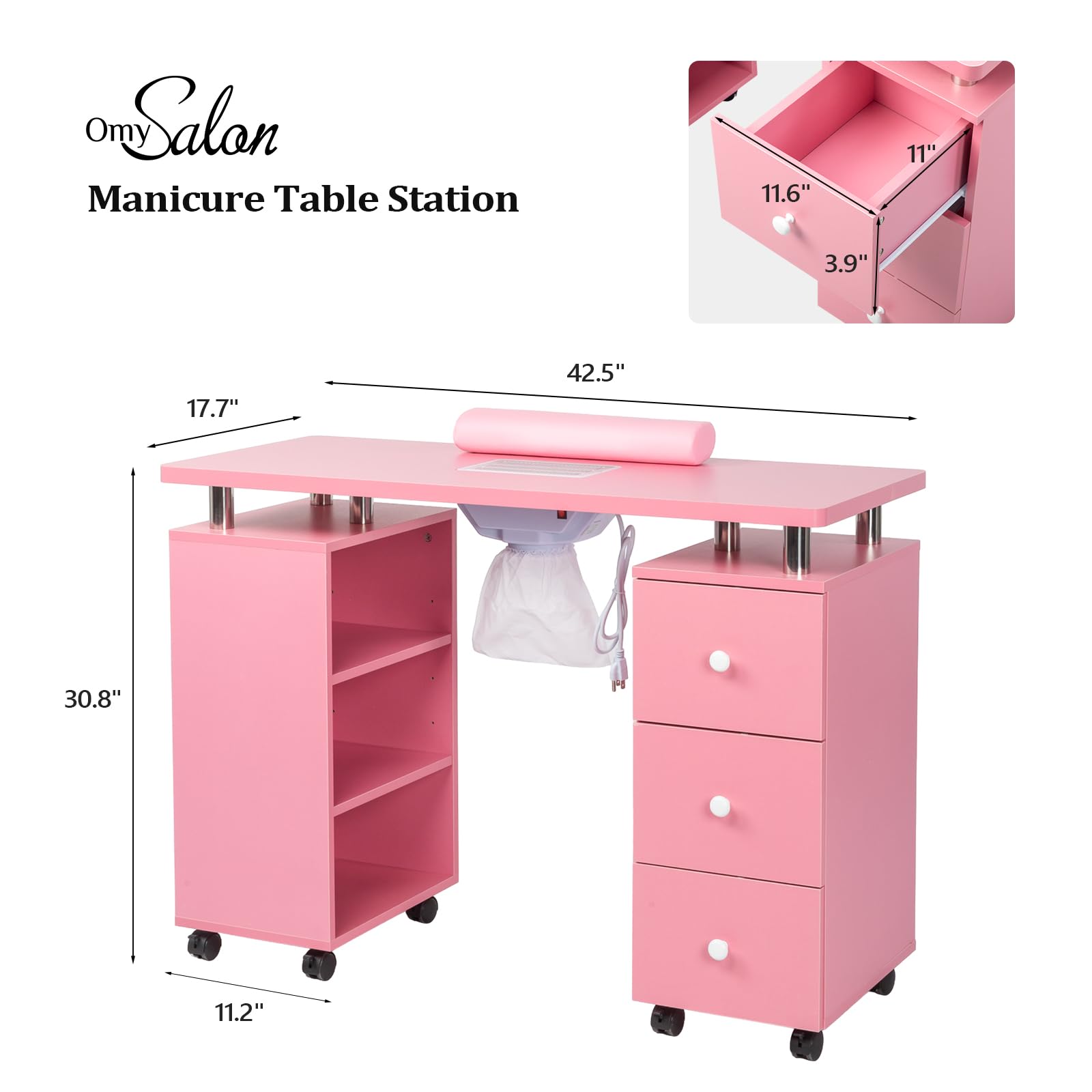 OmySalon Professional Manicure Table Nail Desk for Nail Technicians - Electric Downdraft Ventilation System, Lockable Wheels, Wrist Cushion & Storage Shelves - Perfect for Salon, Spa & Home Nail Studio (Pink)