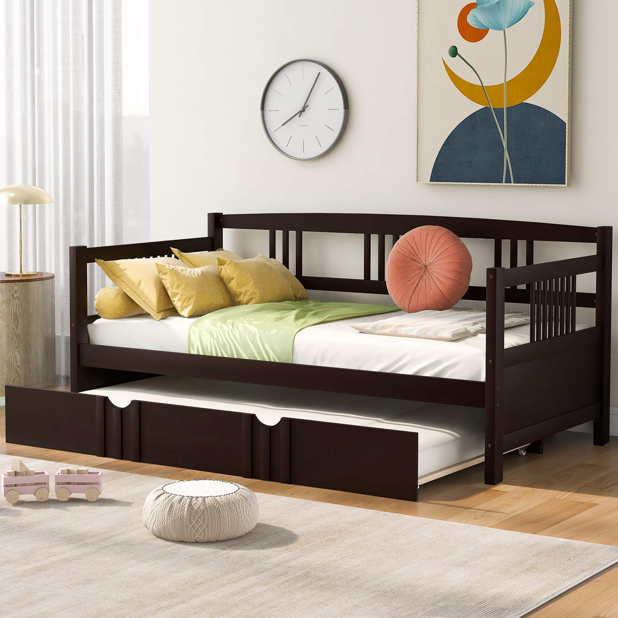 Twin Size Wood Daybed with Trundle - Sofa Bed for Bedroom & Guestroom - Wooden Slat Support - No Box Spring Needed - Perfect for Small Spaces & Sleepovers