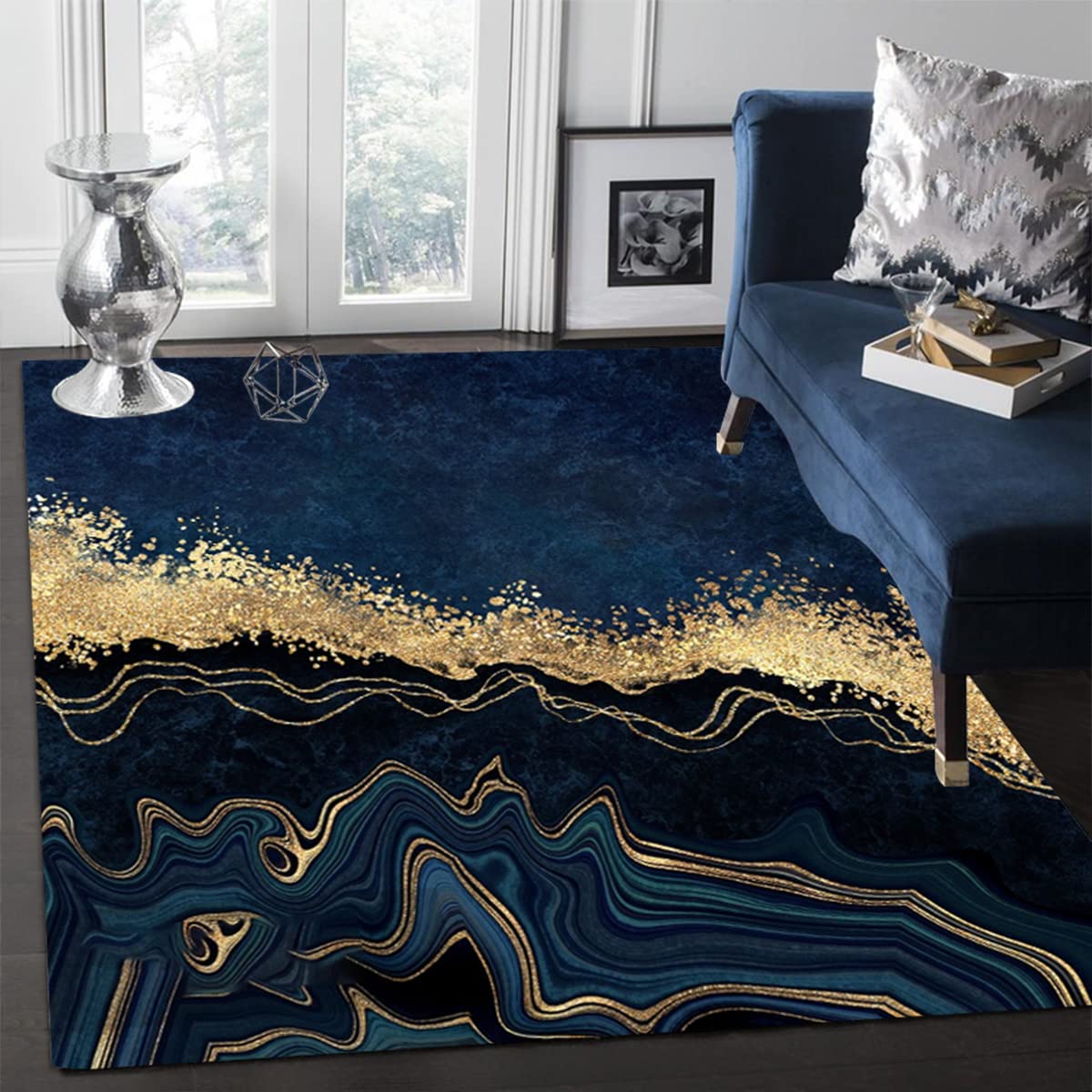 Modern Abstract Area Rug 8x10 - Navy Blue & Gold Marble Pattern, Soft Washable Non-Shedding Carpet for Living Room, Bedroom, Dining Room, Home Office, Hallway & Kitchen - Chic Retro Aesthetic Floor Decor for Cozy Home Spaces