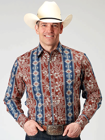 Roper Men's Long Sleeve Aztec Print Casual Shirt - Red Plaid Western Style Button Up Shirt for Cowboy, Ranch, Rodeo & Outdoor Activities