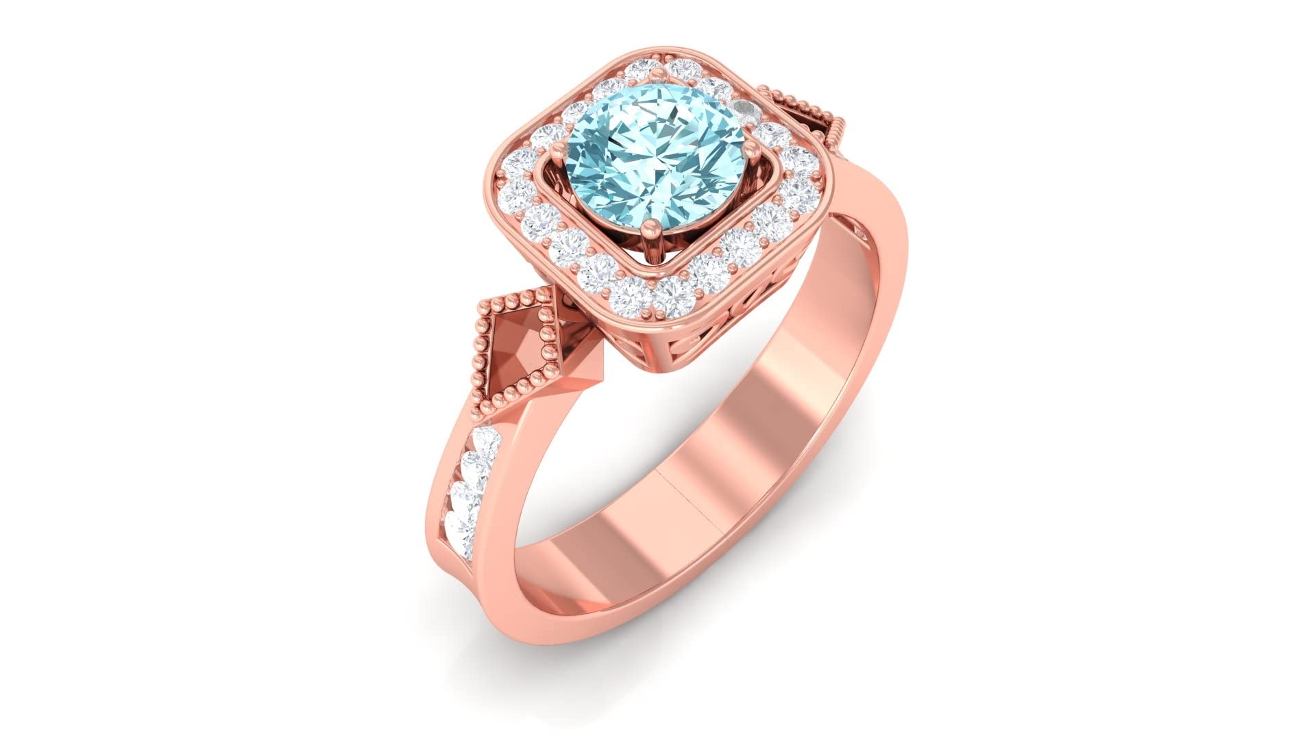 1 CT Aquamarine and Diamond Vintage Engagement Ring in 14K Solid Gold - Elegant Beaded Design for Wedding, Anniversary & Proposal Gifts