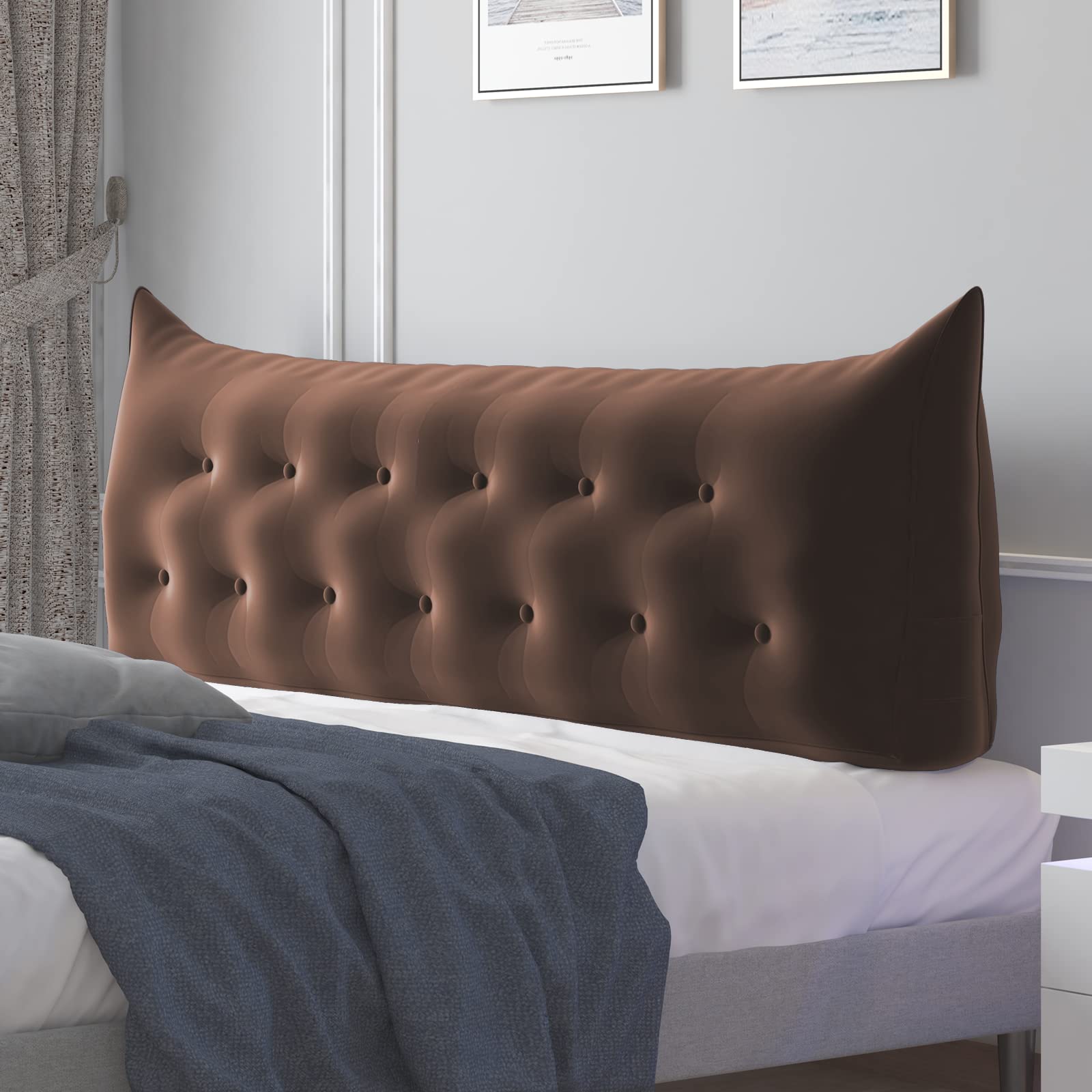 **Mjkone Full Size Large Triangular Reading Pillow with Side Pockets - Velvet Bed Wedge & Bolster Backrest, Removable Cover, Upholstered Button Tufted Design - Perfect for Bedroom, Living Room & Reading Nook**