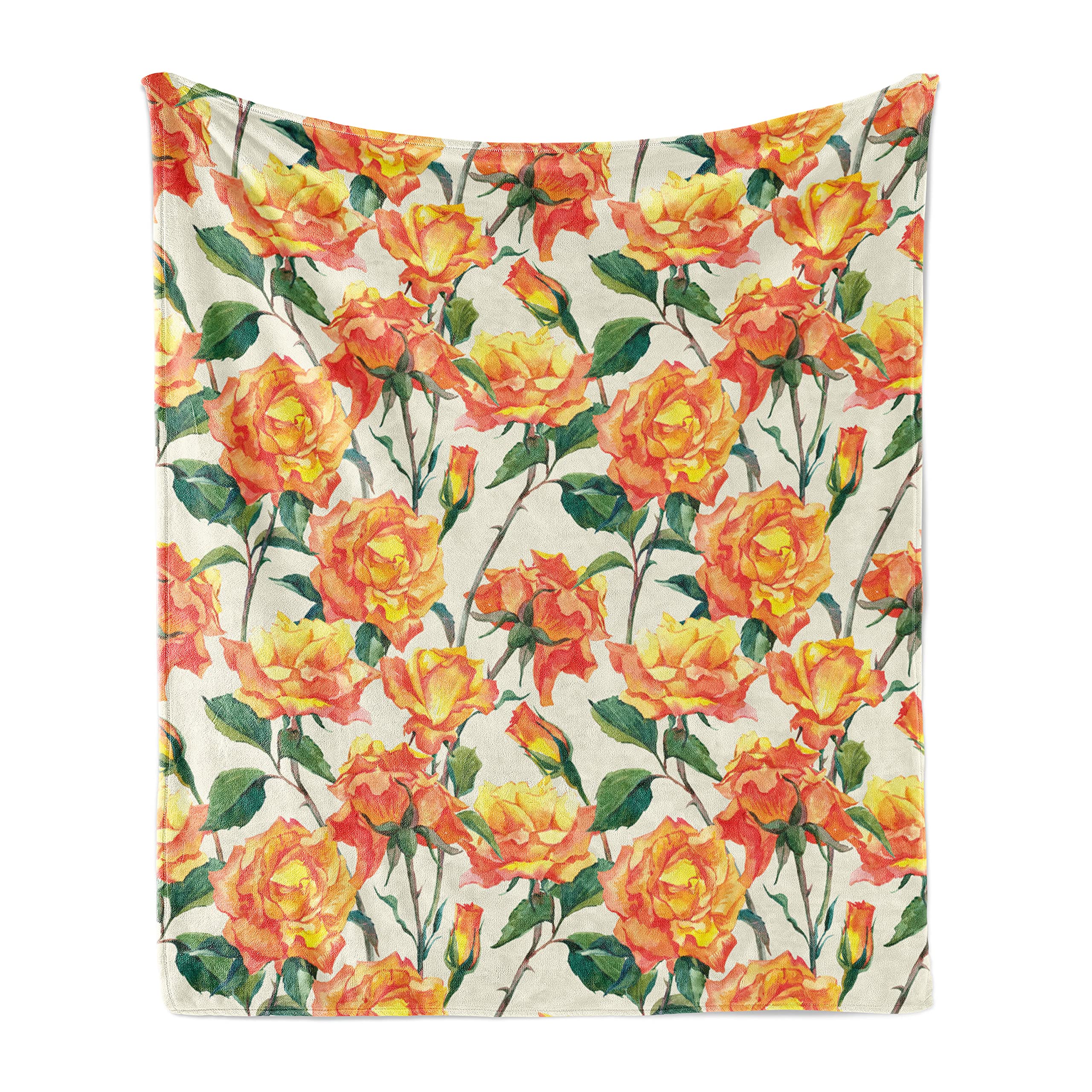 Ambesonne Vintage Rose Throw Blanket - Soft Flannel Fleece Accent Blanket with Old Style Rose Bouquet in Cream, Orange & Green, 50