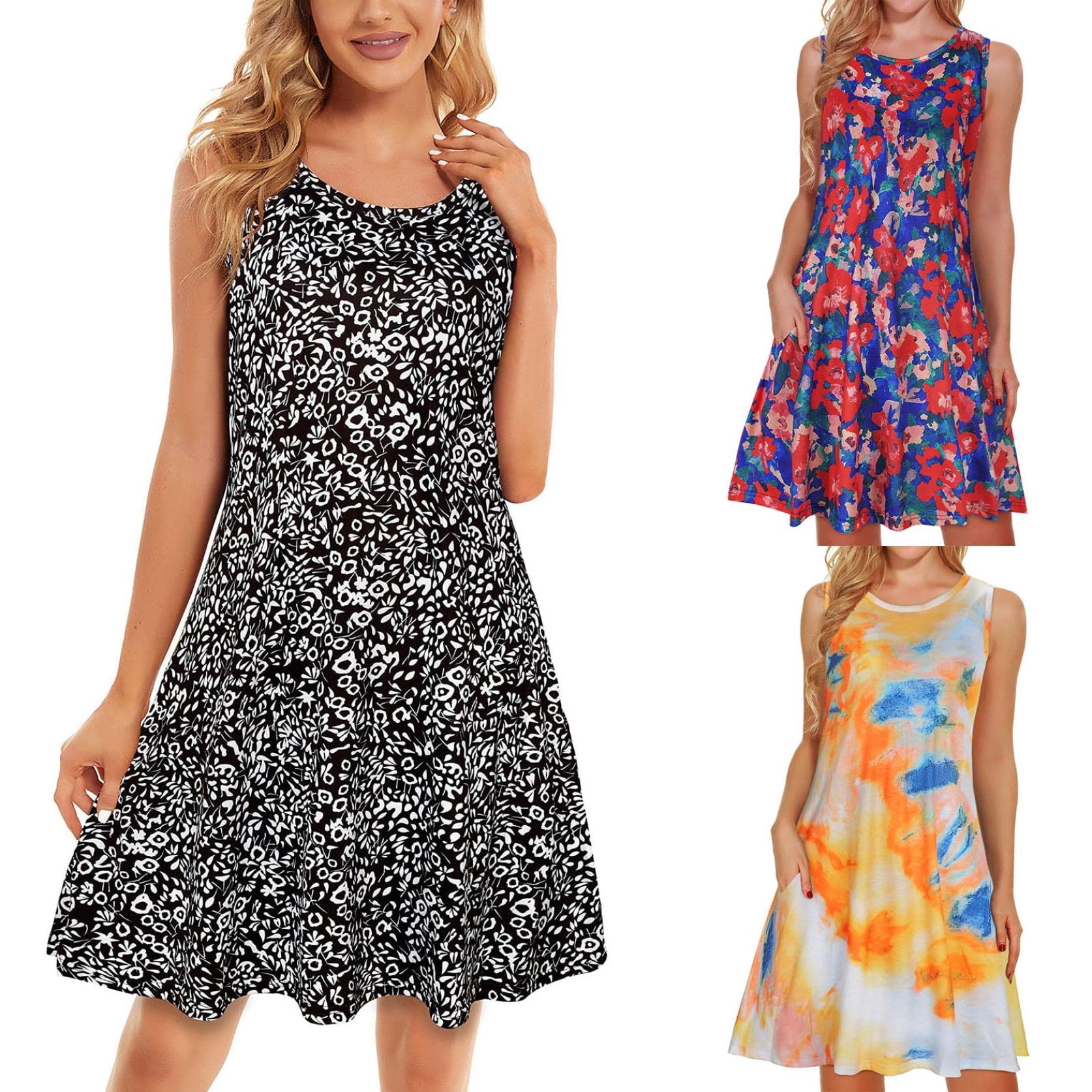 Usupdd Women's Summer Dresses - Tie Dye Floral Print Round Neck Sleeveless Pleated Midi Dress with Pockets | Beach Vacation, Casual Outing, Party Wear