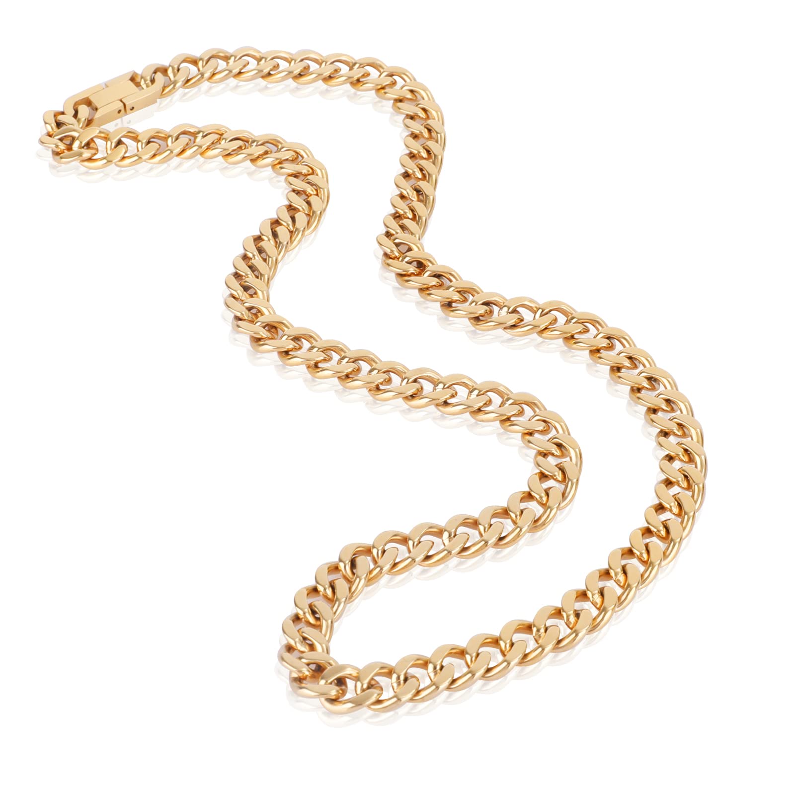 SanThree 9.5mm Pure Titanium Curb Cuban Link Chain Necklace for Men - Yellow Gold Plated, Lightweight & Skin Friendly | Perfect Hip Hop Jewelry Gift for Birthday, Graduation, Father's Day | 24 Inches | Ideal for Casual Wear, Parties & Special Occasions