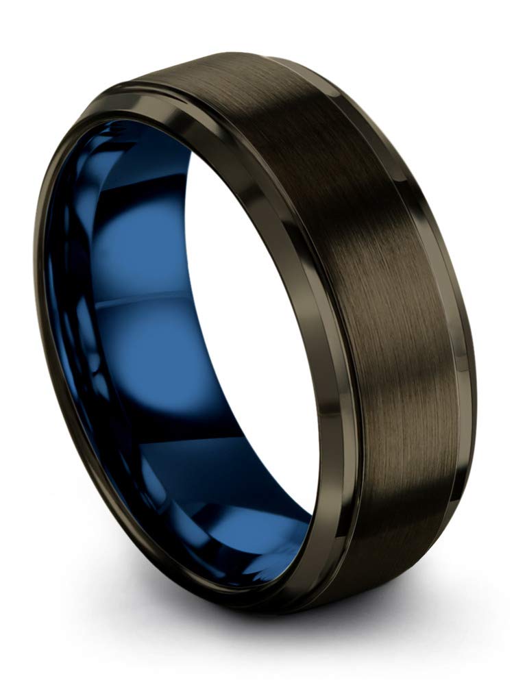 Premium Tungsten Carbide Wedding Band Ring for Men & Women - 8mm Width, Blue & Black Gunmetal Finish, Step Edge Design, Brushed & Polished - Custom Engraving for Anniversary & Engagement Gifts - Perfect for Everyday Wear, Special Occasions & Couples Jewelry