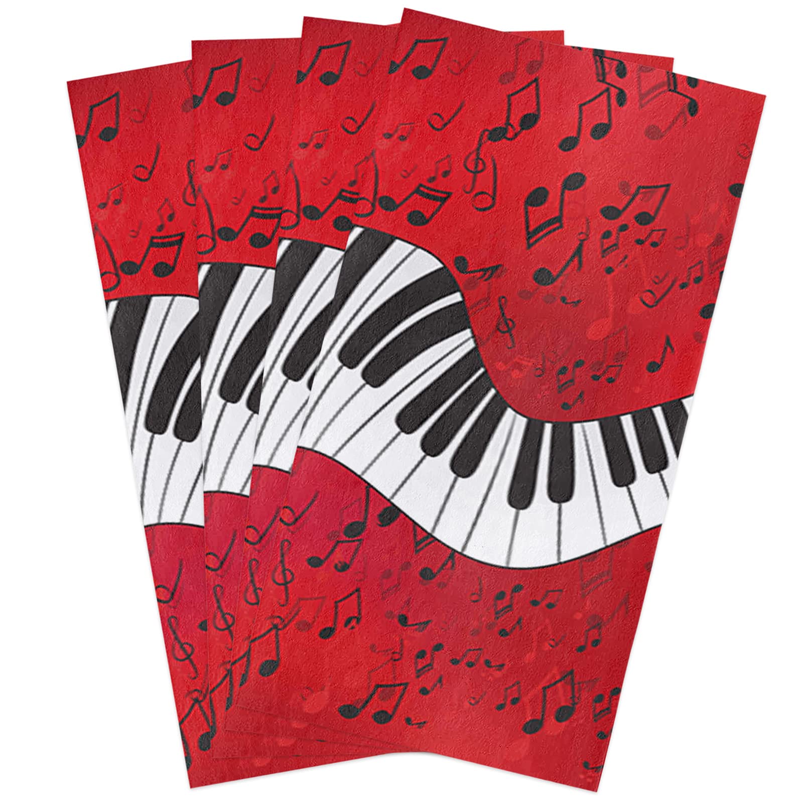 Chucoco 4-Pack Absorbent Fast-Drying Kitchen Dish Towels - Music Note & Piano Key Design, Hand Towels for Kitchen, Bathroom, Cleaning - Includes Hanging Loops | Perfect for Washing Dishes, Drying Hands & Home Decor
