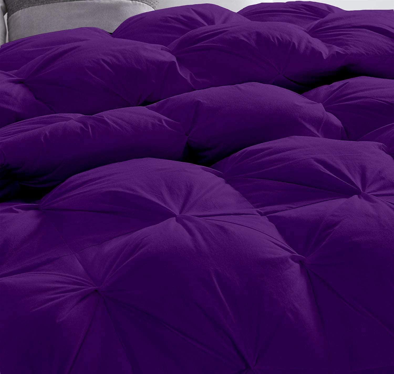 3-Piece Pinch Pleated Comforter Set with 2 Pillow Shams - 500 GSM 100% Natural Cotton Down Alternative, Pintuck Design, Oversized King Size in Purple - Breathable Lightweight Bedding for Master Bedroom & Guest Room