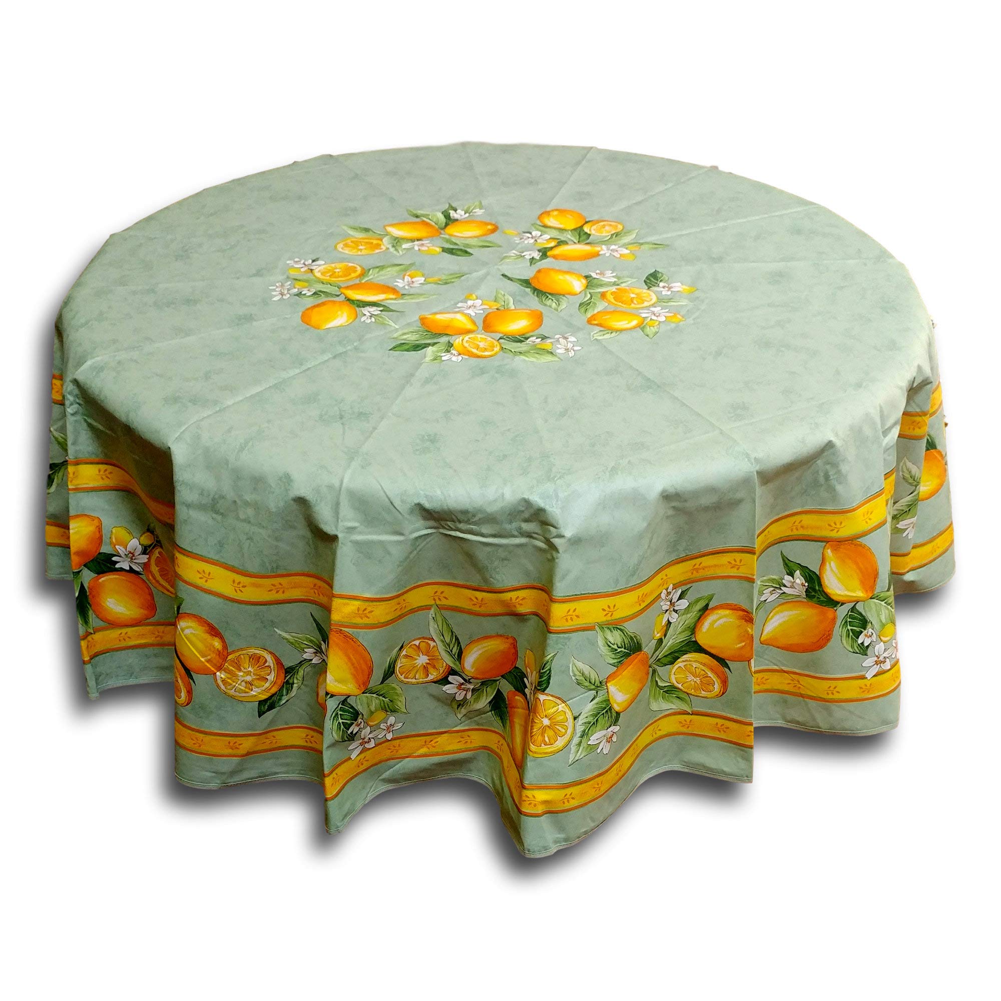 La Cigale Citron Wipeable Spill-Resistant Acrylic Coated Tablecloth - Floral Cotton French Provencal Design for Rectangle Tables (71-inch Round, Green) - Perfect for Indoor Dining & Outdoor Picnics