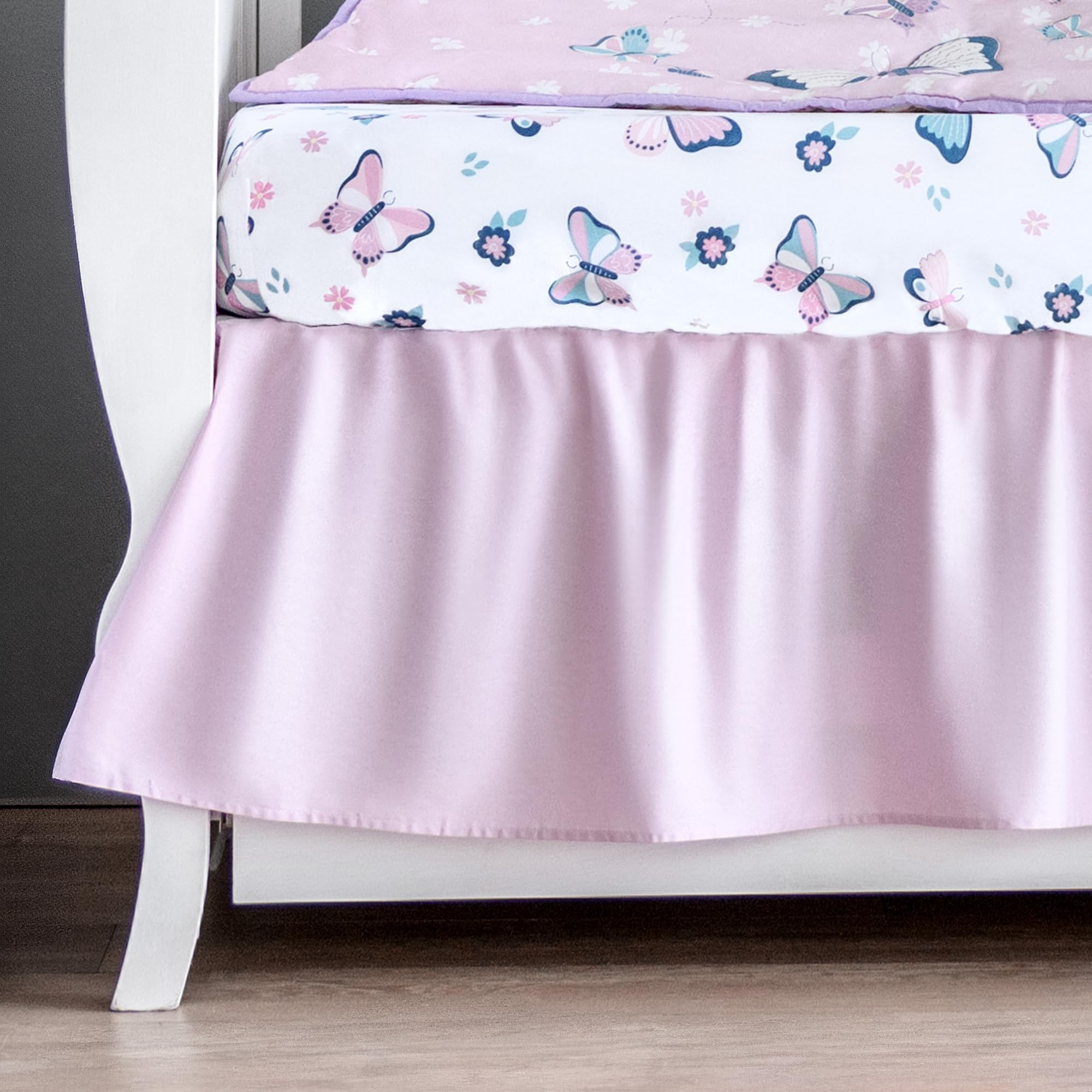 Butterfly Crib Bedding Set for Girls - 5 Piece Nursery Set with Soft Baby Blanket, 2 Fitted Crib Sheets, Ruffled Crib Skirt & Removable Wall Decals - Pink & White Floral Butterfly Theme - Perfect for Baby Shower Gifts & Nursery Room Decor