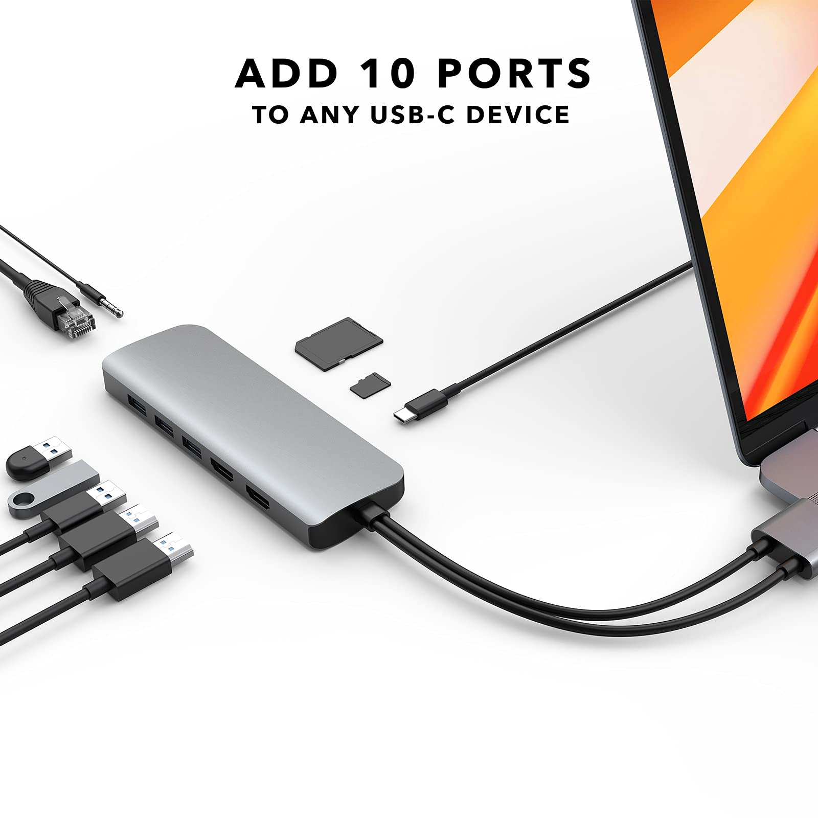 HyperDrive 10-in-2 USB C Docking Station for MacBook Pro/Air - Dual HDMI 4K@60Hz Monitor Support, 60W USB-C Power Delivery, Gigabit Ethernet, Dual USB-C Hub Adapter - Compatible with M1 MacBook, Chromebook (Gray) - Perfect for Home Office, Video Editing & Multi-Tasking
