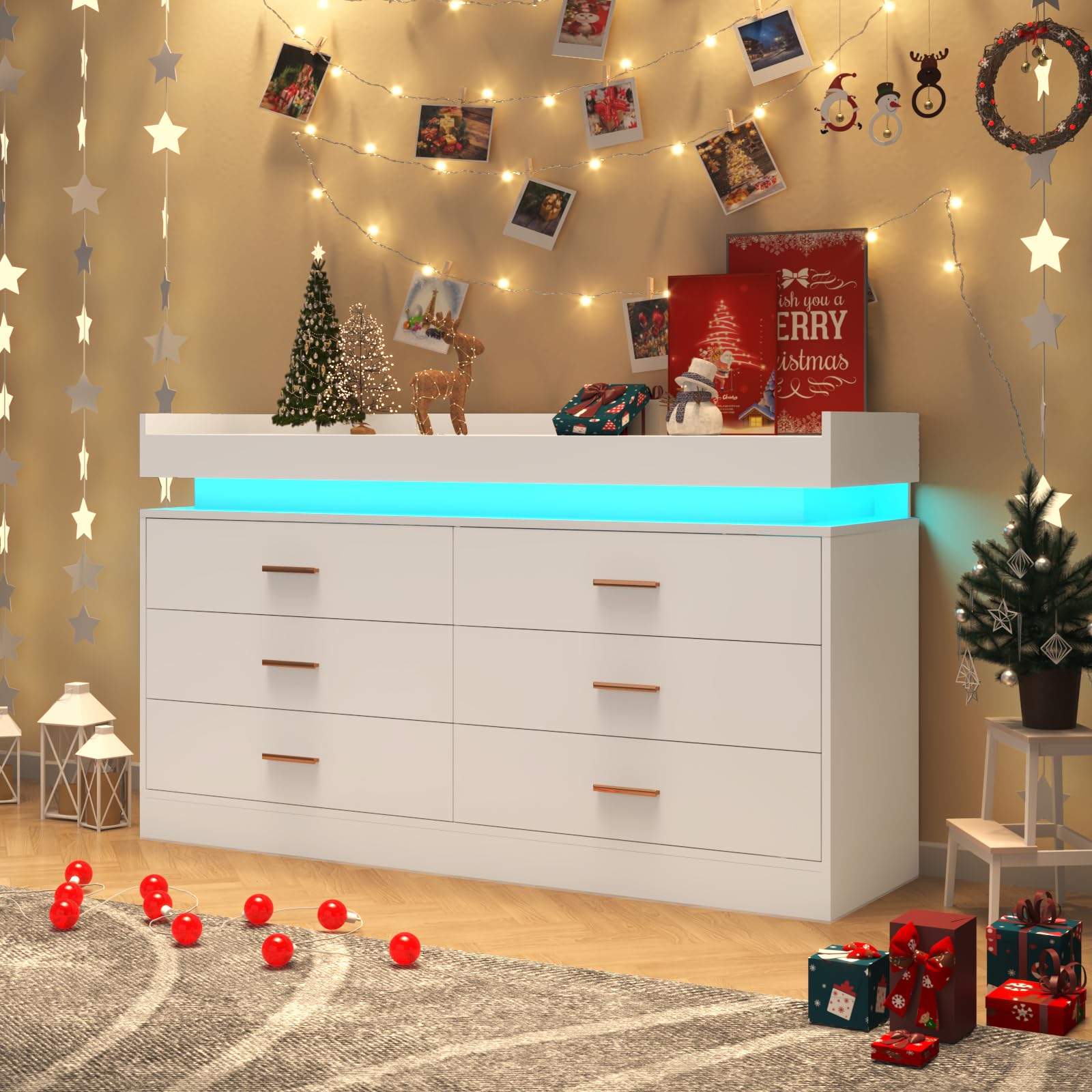 6-Drawer LED Dresser with USB Charging Station - Modern White Chest of Drawers for Bedroom, Closet & Entryway - Spacious Storage Cabinet with Wide Drawers for Clothes, Accessories & Home Organization - Perfect for Apartments, Dorms & Small Spaces