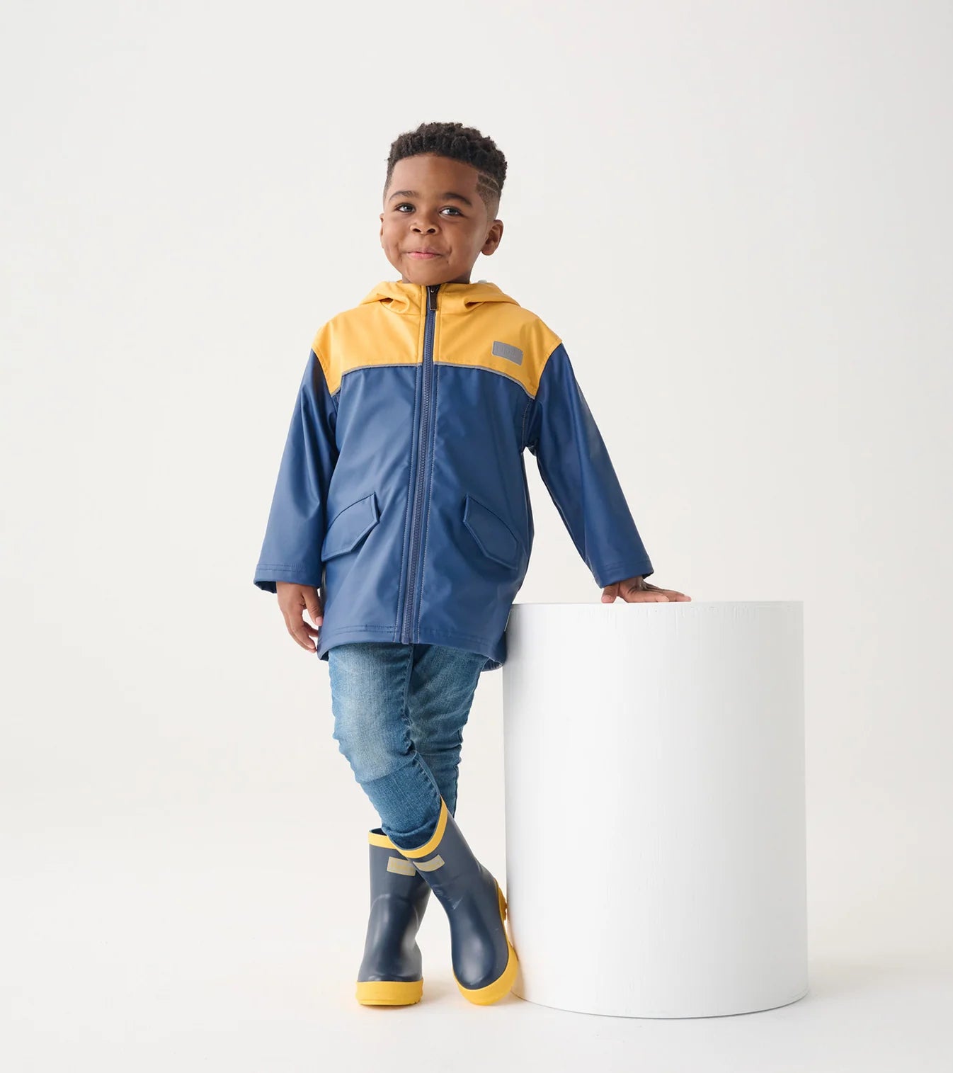 Hatley Yellow/Navy Zip Up Mariner Rain Jacket for Kids - Waterproof Windbreaker with Hood for Outdoor Play & School - Perfect for Rainy Days & Spring Weather