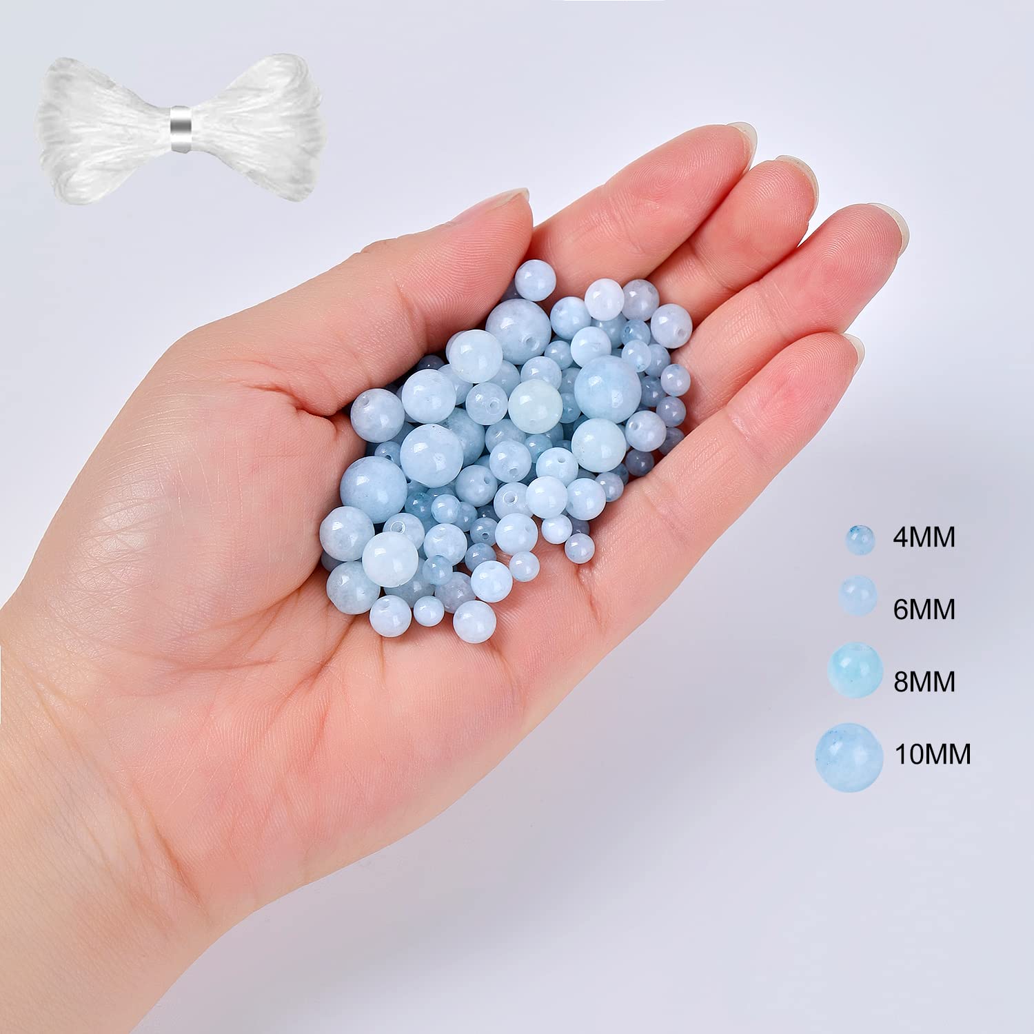 60pcs 6mm Natural Aquamarine Gemstone Beads - Round Loose Beads for DIY Jewelry Making, Bracelets & Necklaces with Free Crystal Stretch Cord - Perfect for Crafting, Gifts & Boho Style Accessories