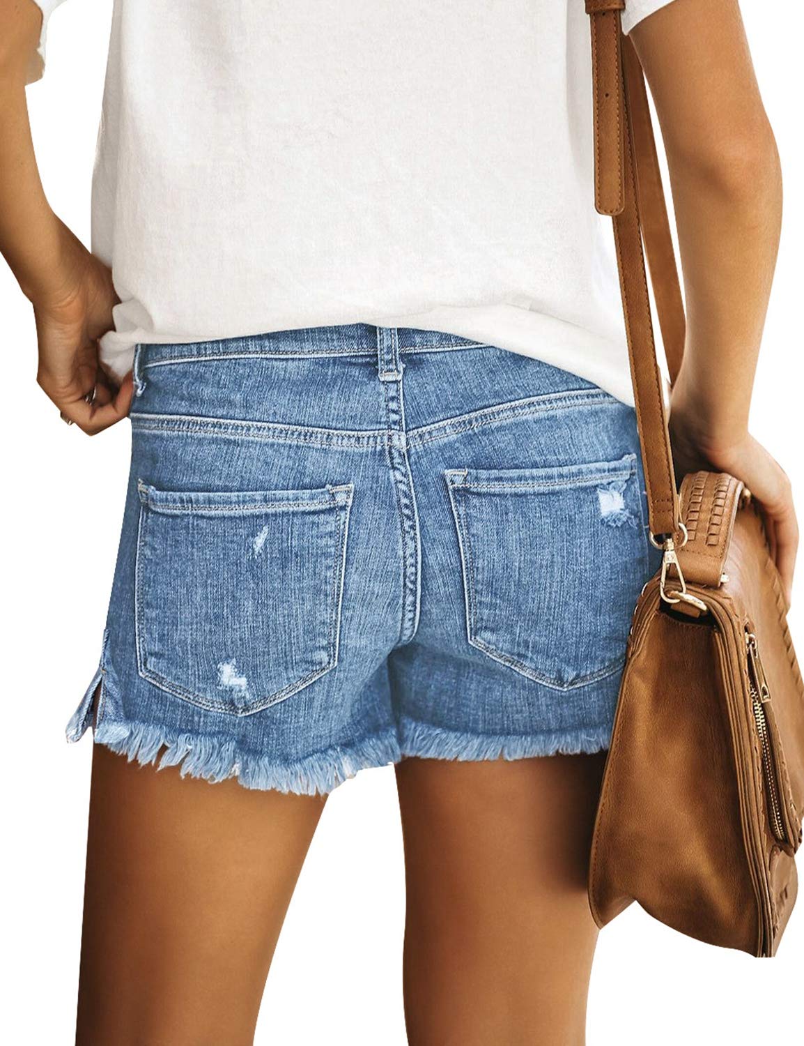 Luvamia Women's Stretch Ripped Denim Shorts - Mid Rise Casual Jean Shorts with Raw Hem | Perfect for Summer Outfits, Beach Vacations & Street Style Fashion